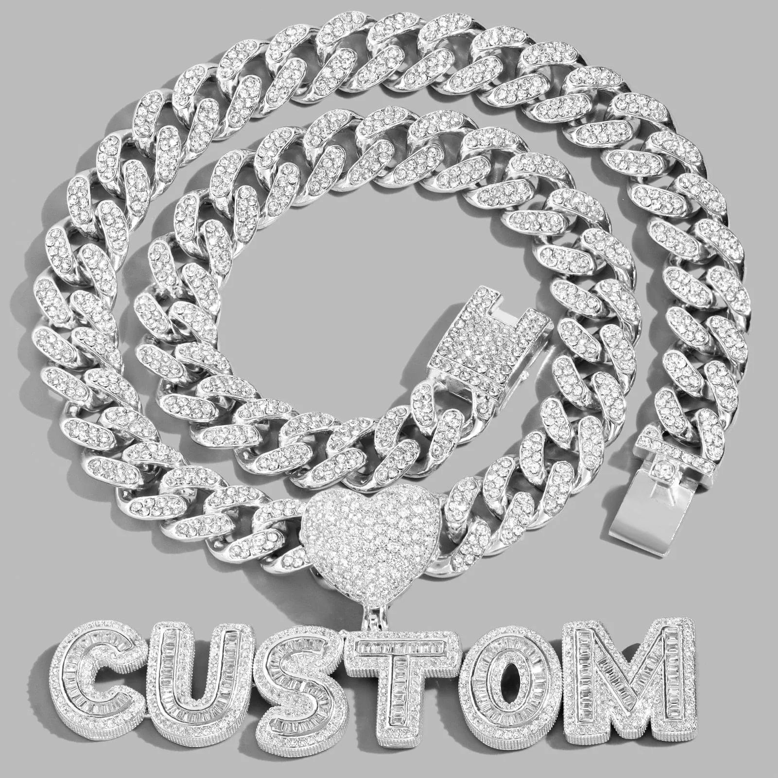 Custom Heart Letter Unisex Cubic Zircon Pendant Necklace with Bling Cuban Link Chain Jewelry Gift