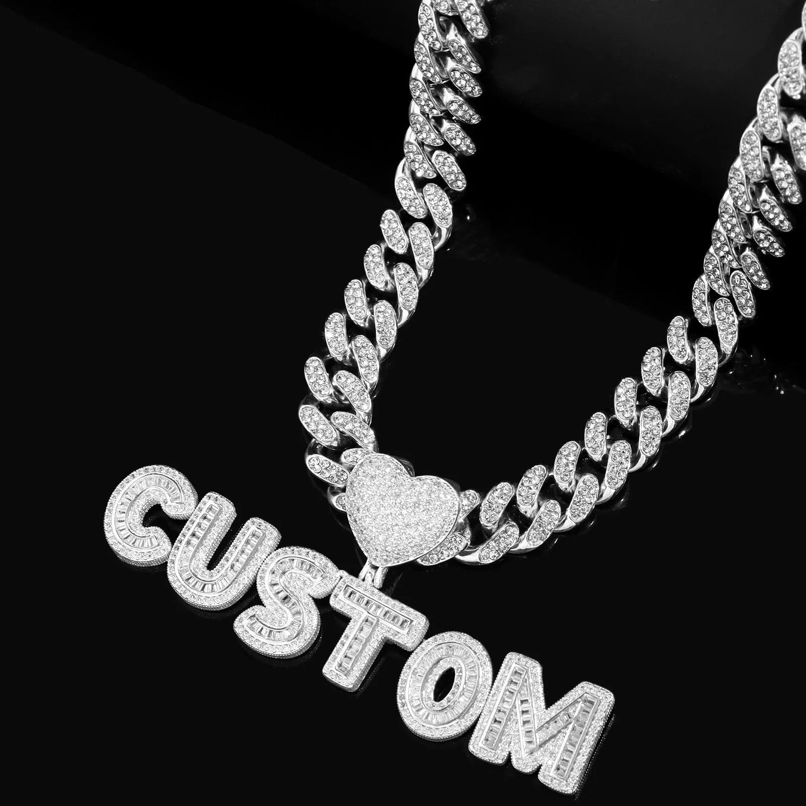 Custom Heart Letter Unisex Cubic Zircon Pendant Necklace with Bling Cuban Link Chain Jewelry Gift