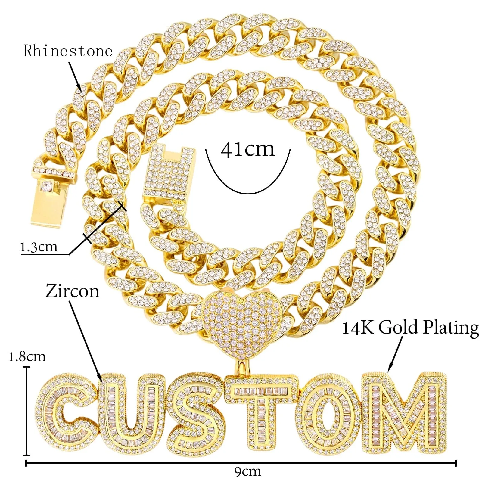 Custom Heart Letter Unisex Cubic Zircon Pendant Necklace with Bling Cuban Link Chain Jewelry Gift