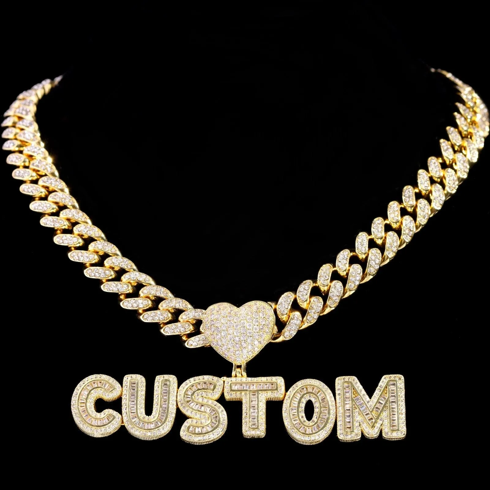 Custom Heart Letter Unisex Cubic Zircon Pendant Necklace with Bling Cuban Link Chain Jewelry Gift