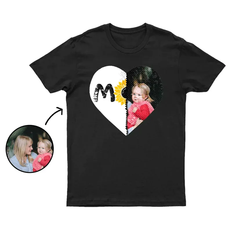 Custom Photo Sunflower DIY Heart Flip Sequin T-shirt Unisex Shirt Cotton Sequin Tee Mother's Day Gifts