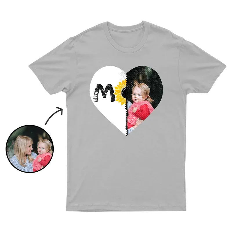 Custom Photo Sunflower DIY Heart Flip Sequin T-shirt Unisex Shirt Cotton Sequin Tee Mother's Day Gifts