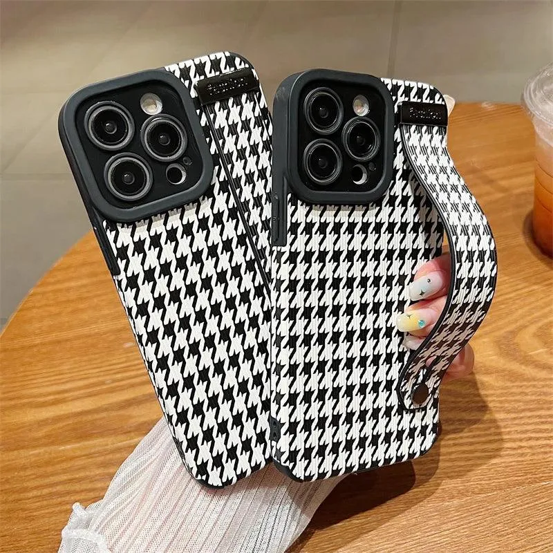 Cute Houndstooth Leather Phone Case for iPhone 14, 13, 12, 11 Pro Max, XR, X, XS, 7, 8 Plus