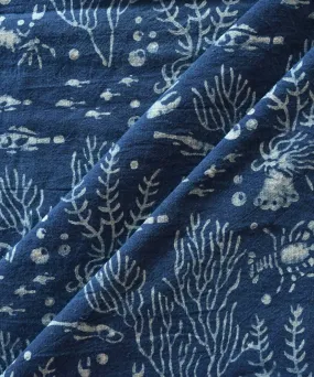 Dark indigo blue hand blockprint handspun handwoven cotton fabric