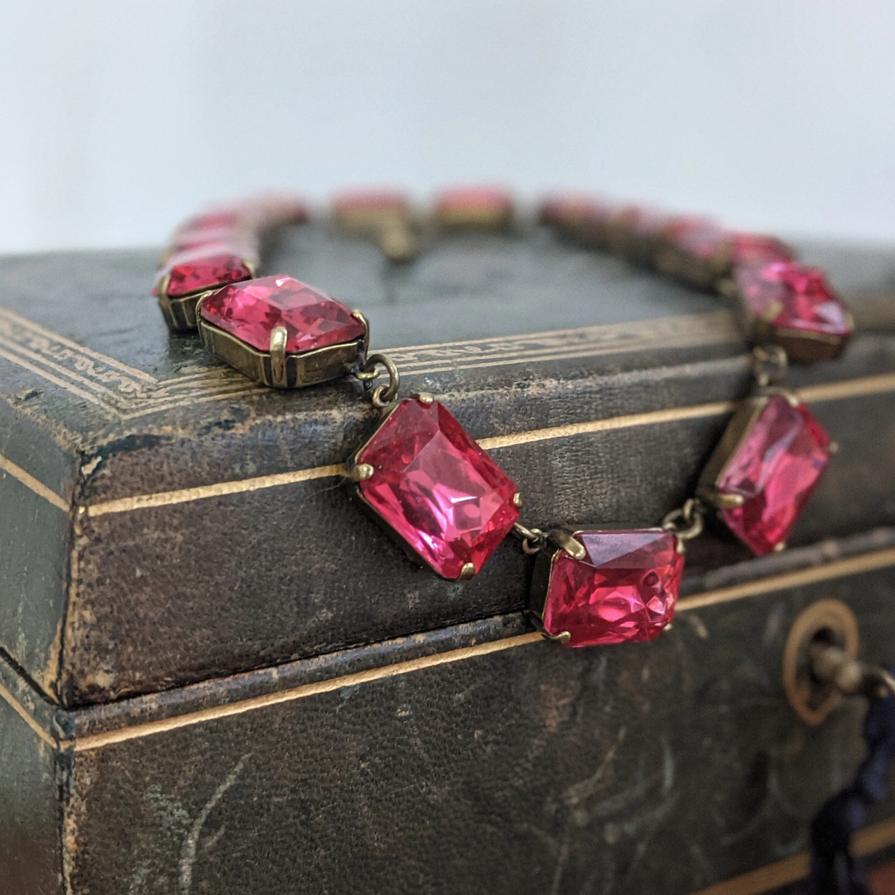 Dark Pink Crystal Collet Necklace - Large Octagon