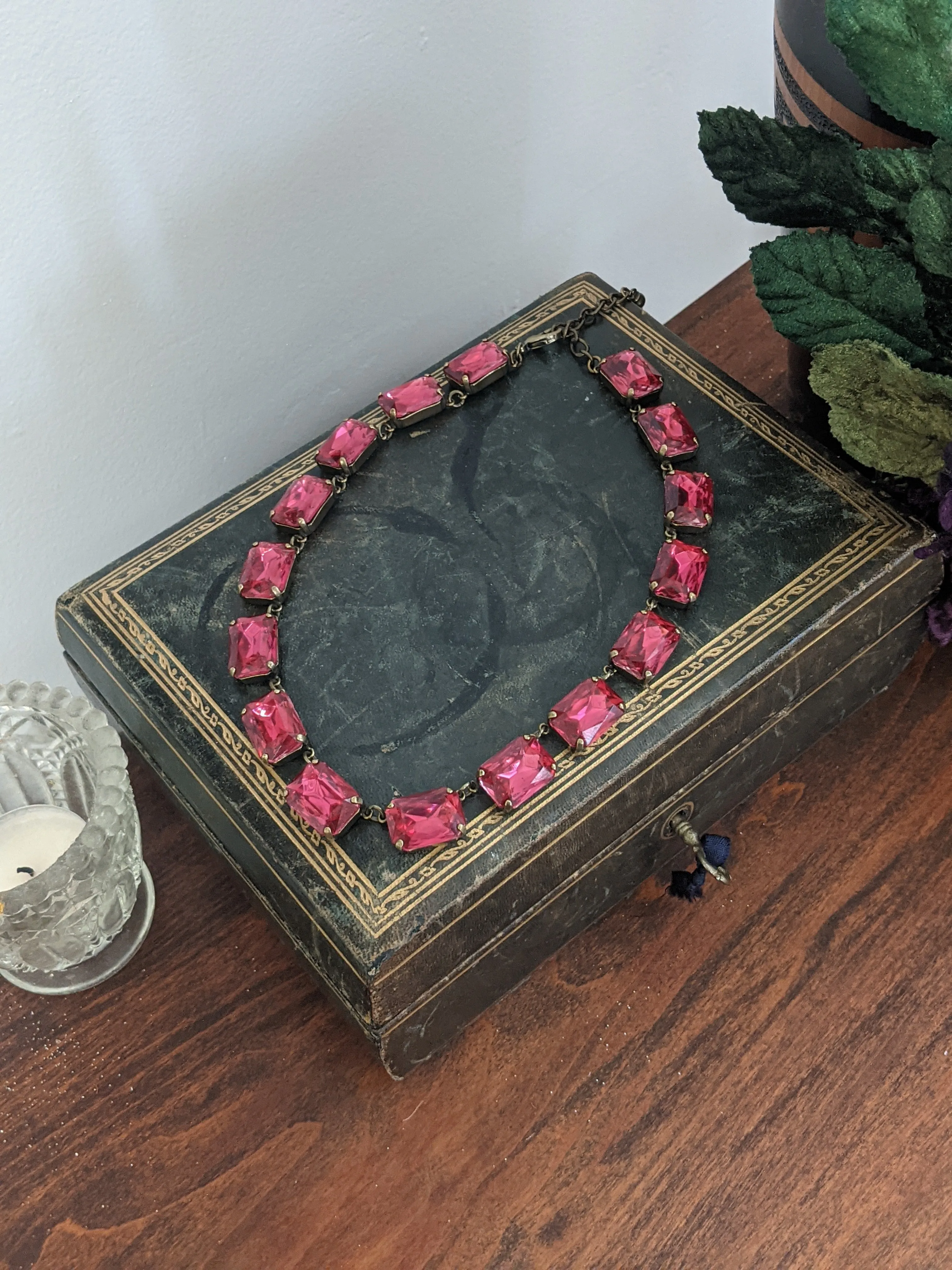 Dark Pink Crystal Collet Necklace - Large Octagon