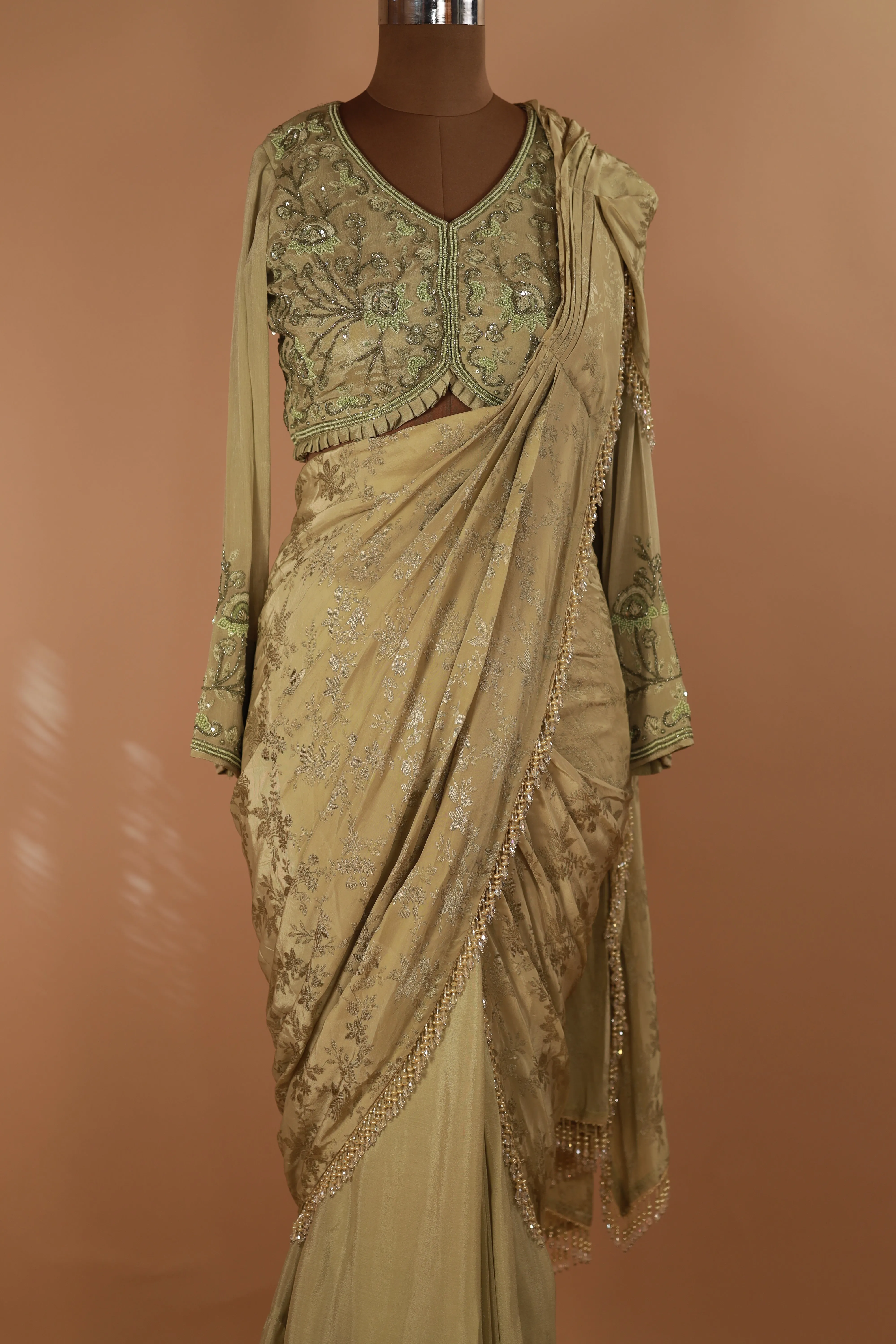 Designer Green Hand Embroidered Drape Saree