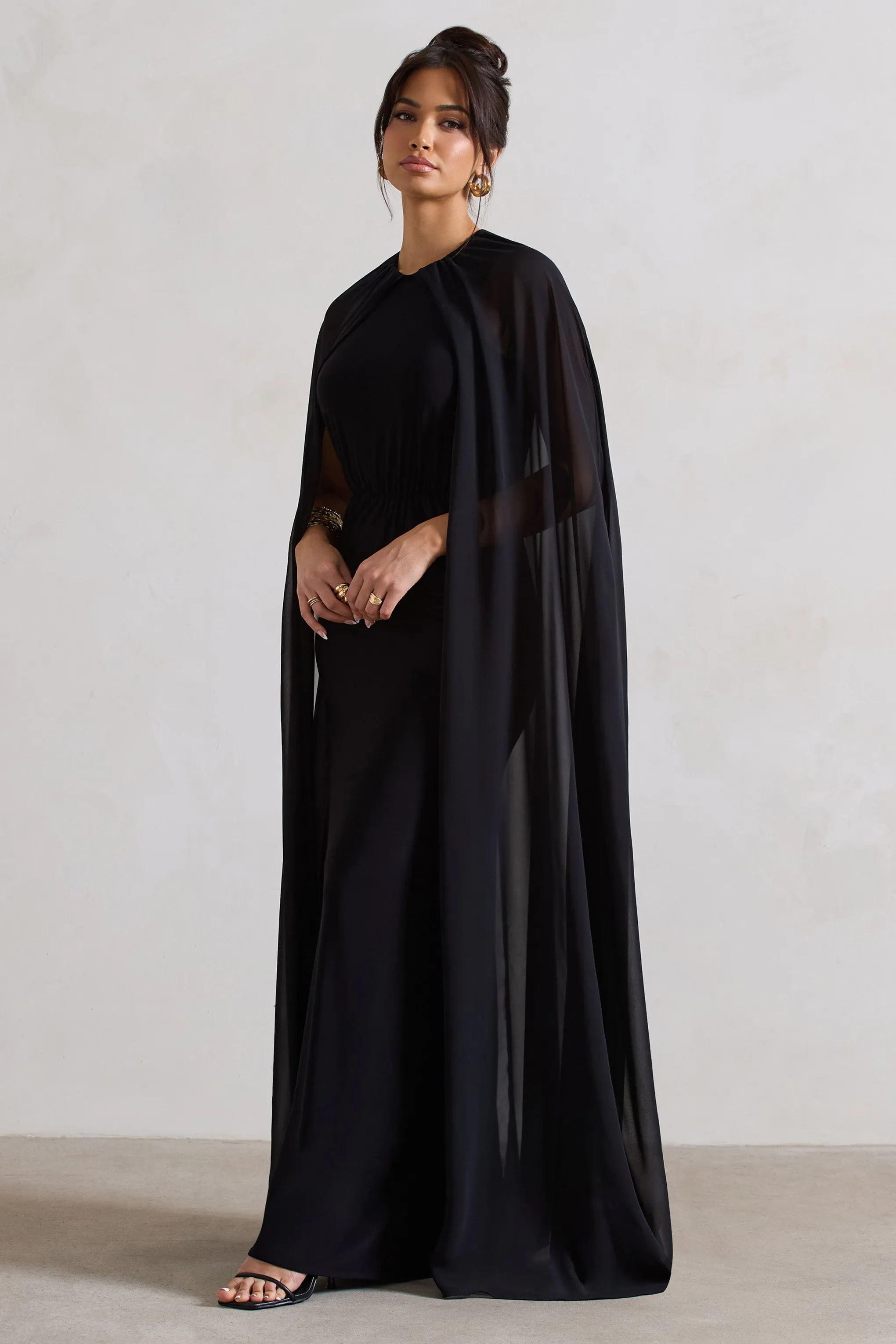 Envy | Black Gathered Maxi Dress With Chiffon Cape