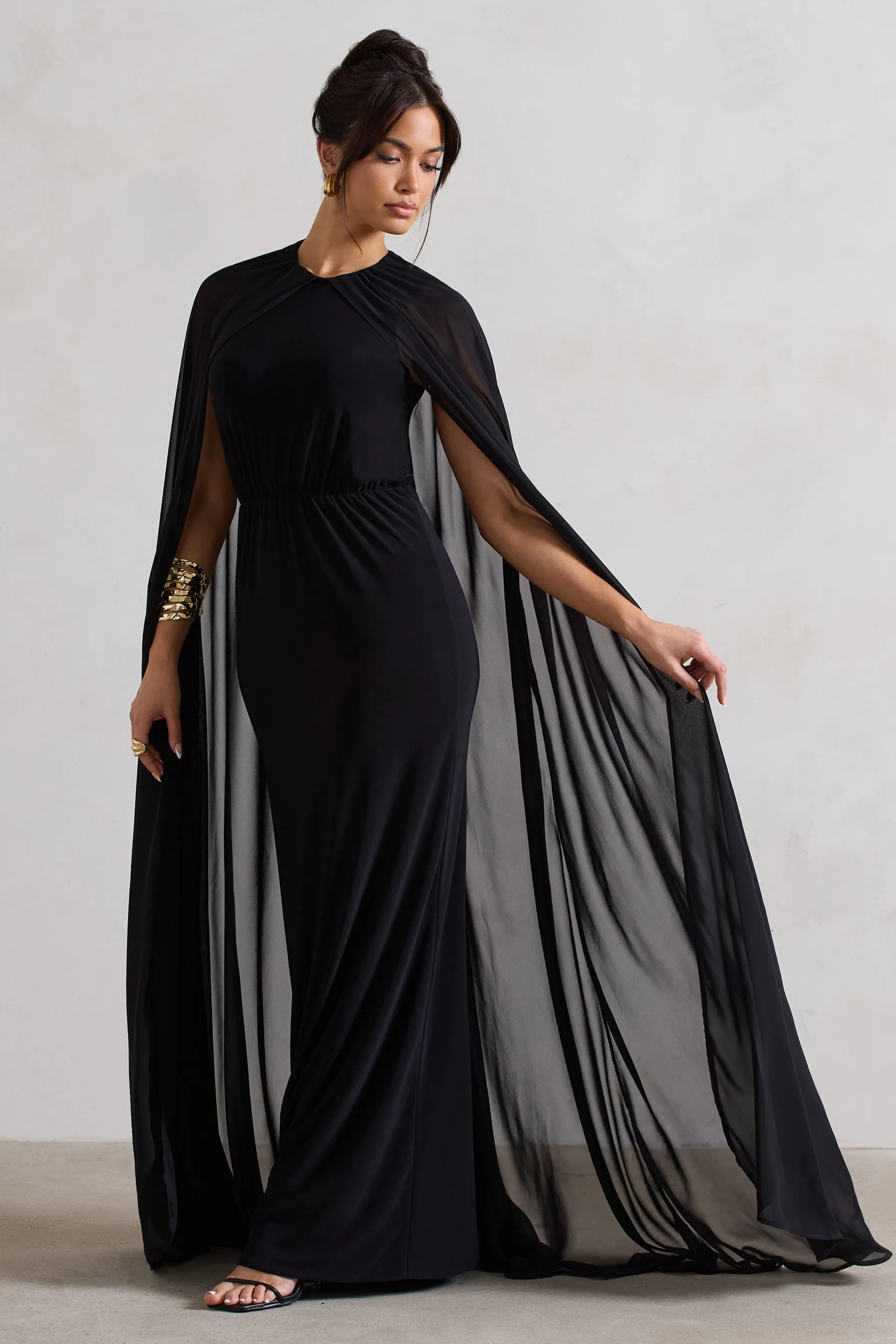 Envy | Black Gathered Maxi Dress With Chiffon Cape