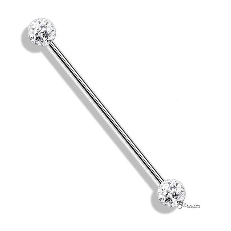 Epoxy Covered Crystal Paved Balls Industrial Barbell - Silver