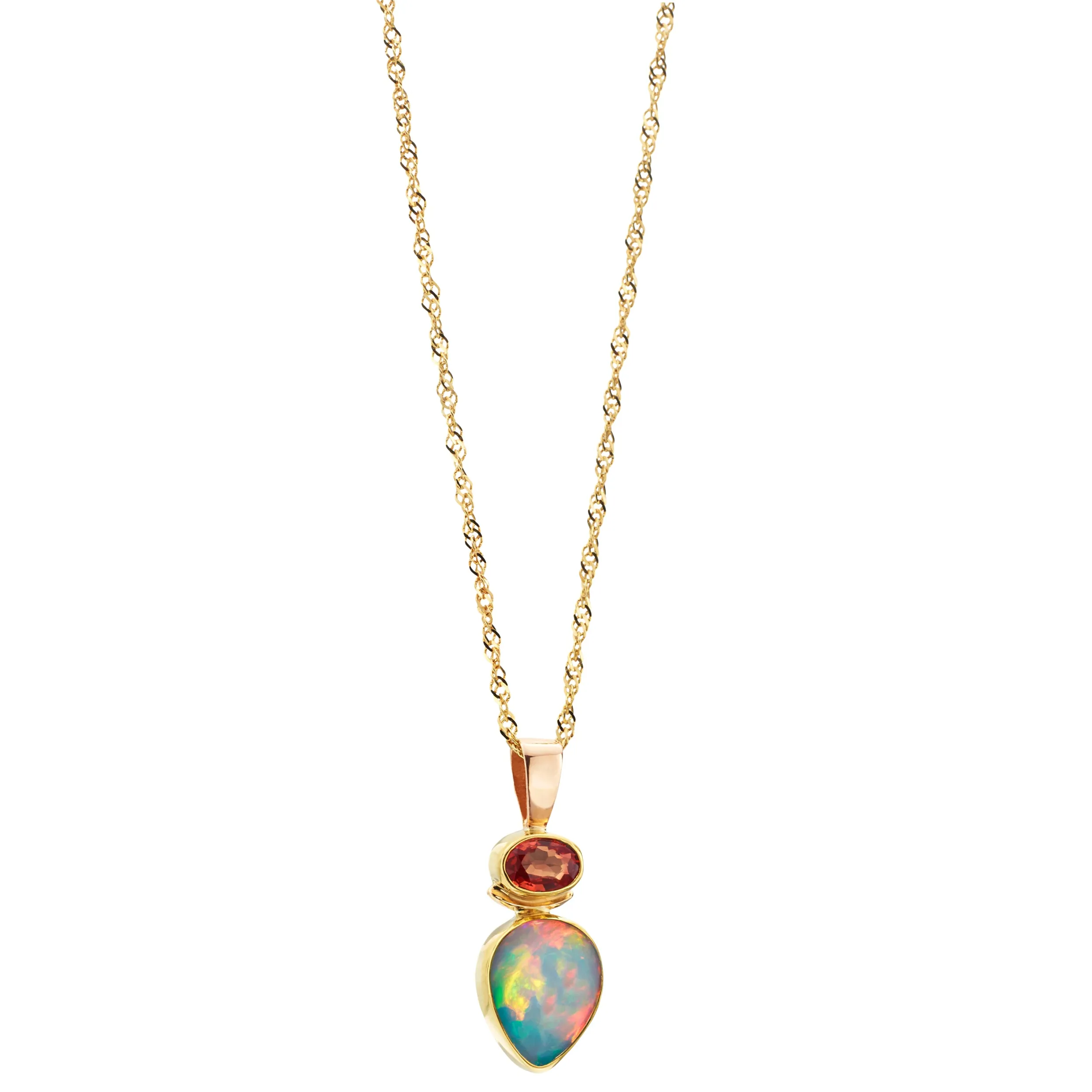 Ethiopian Opal Teardrop Pendant Necklace in 14K Yellow Gold with Garnet