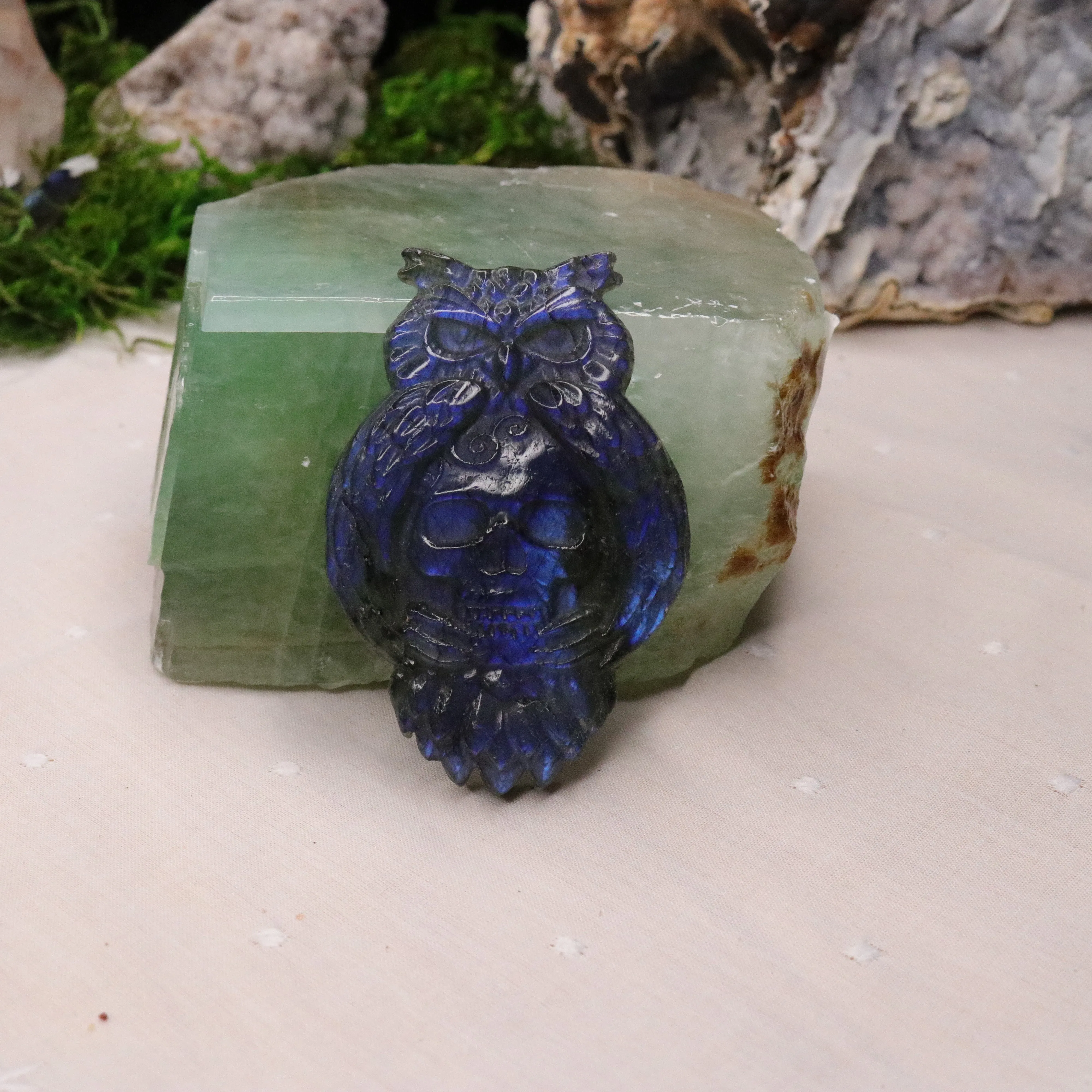 Flashy Blue Labradorite Owl and Skull Carving