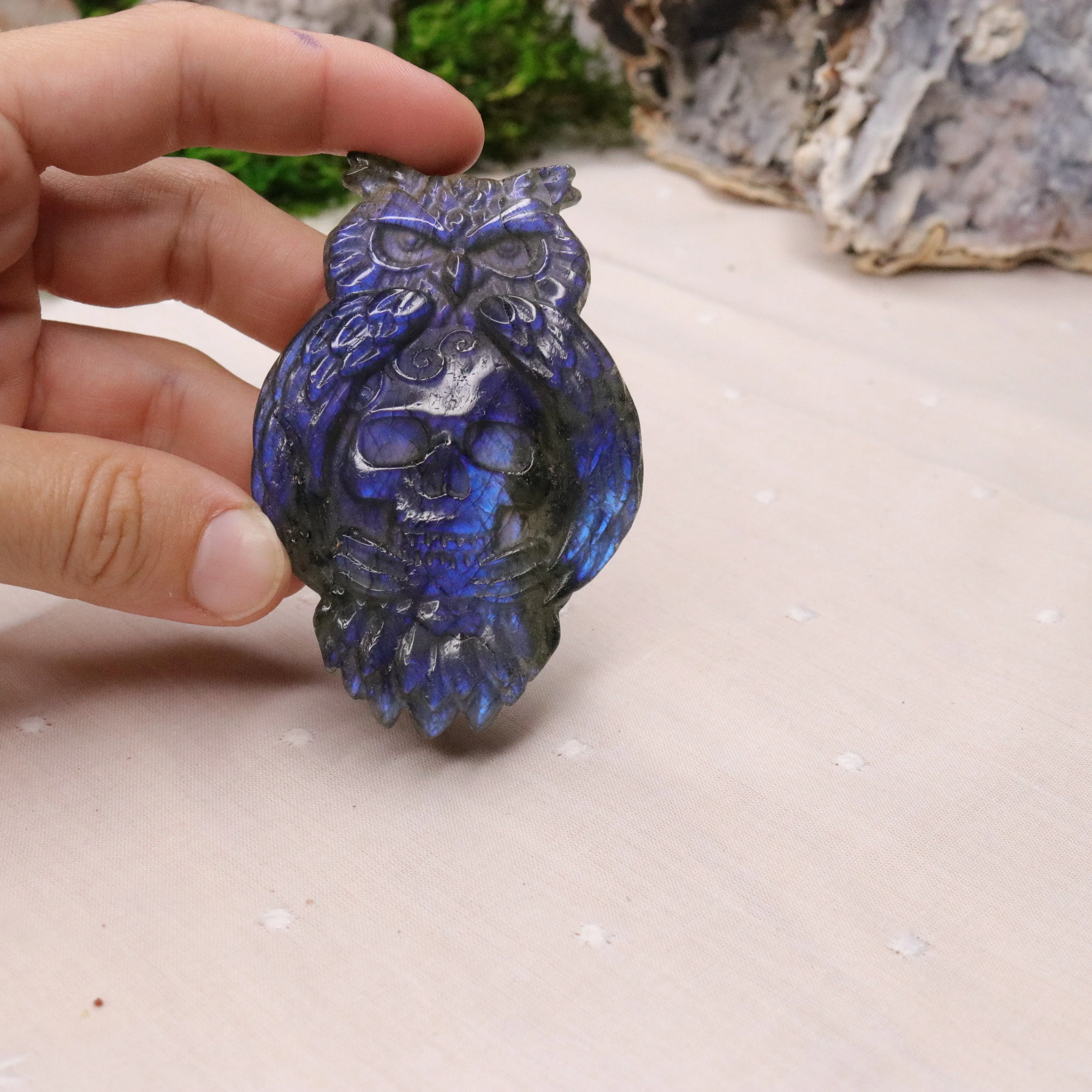 Flashy Blue Labradorite Owl and Skull Carving