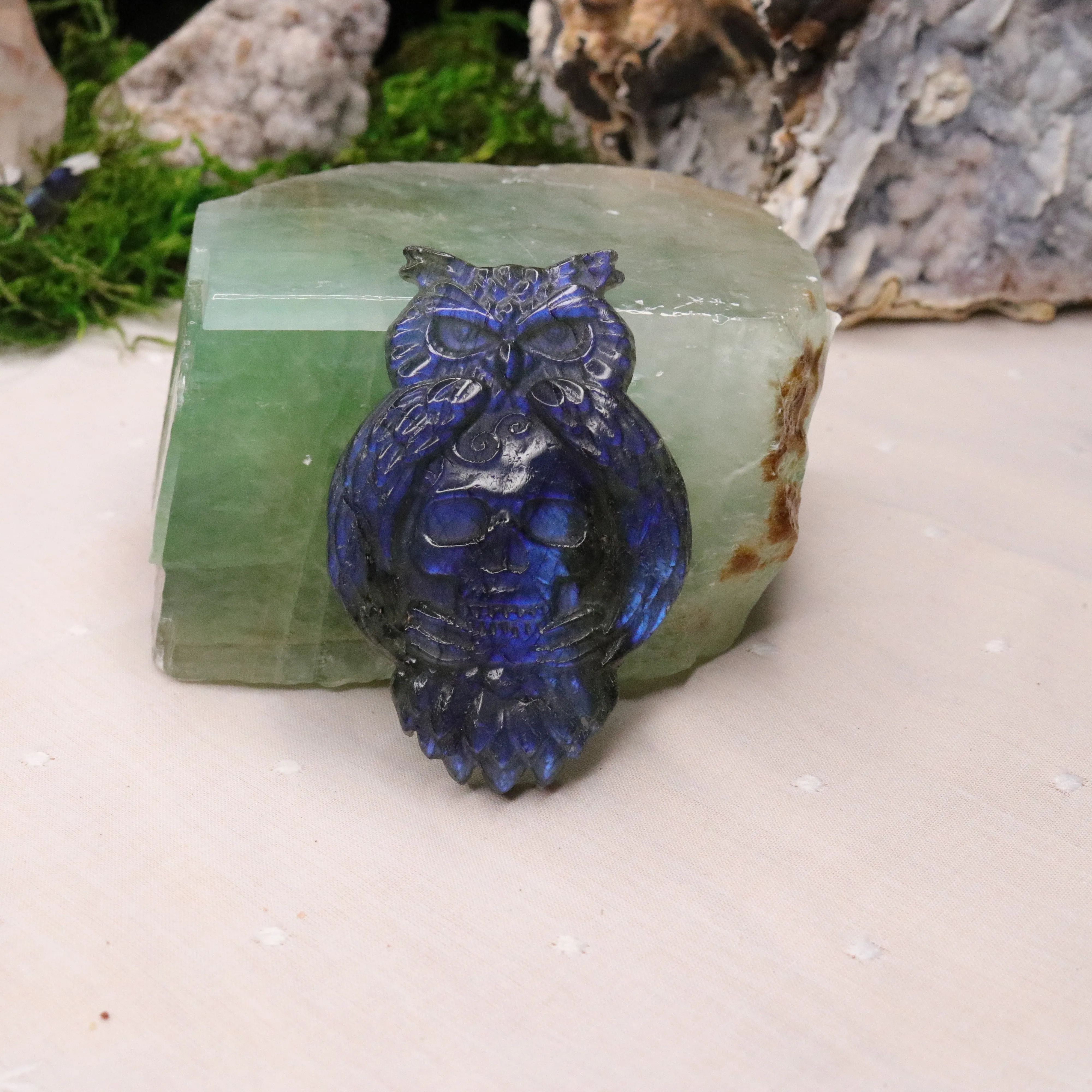 Flashy Blue Labradorite Owl and Skull Carving