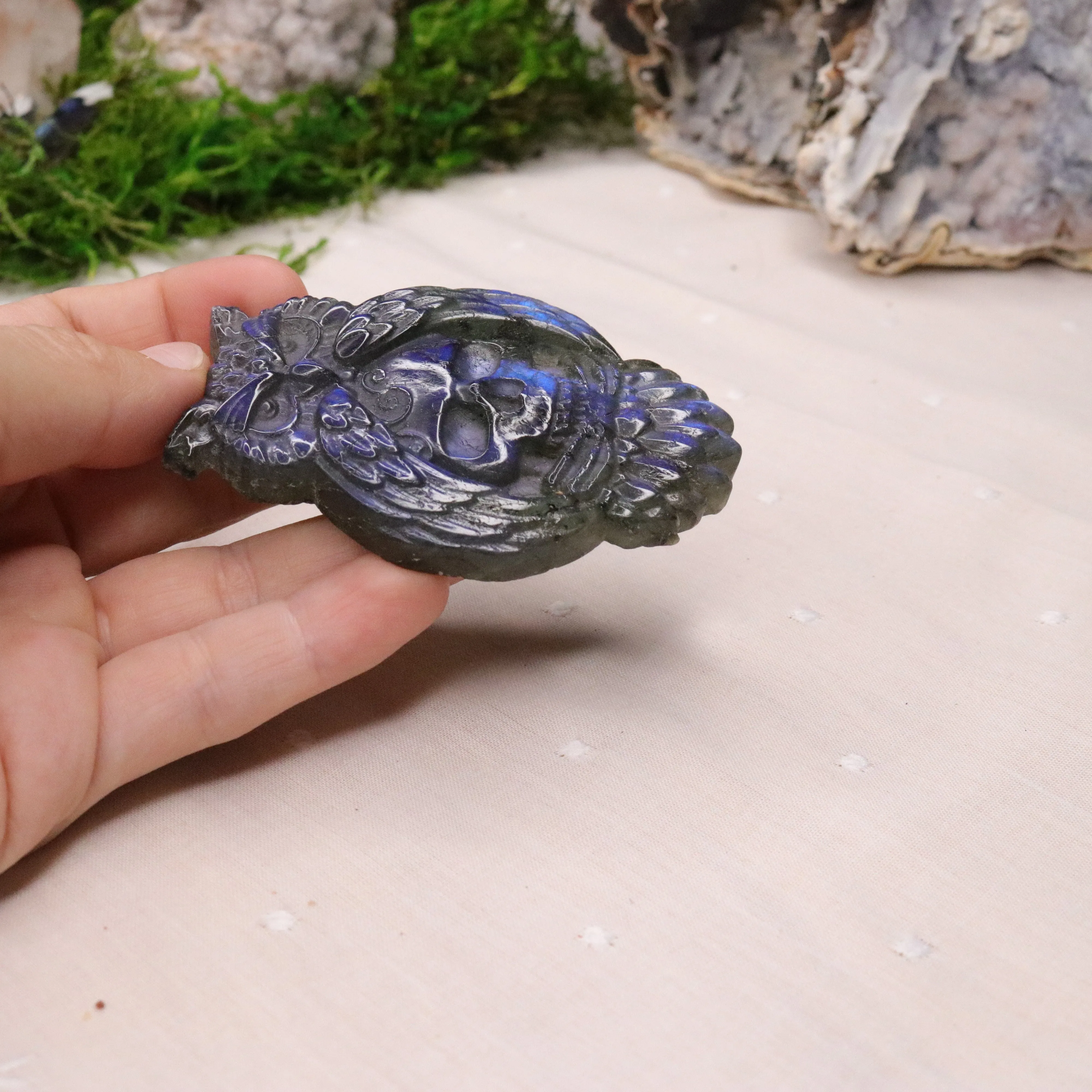 Flashy Blue Labradorite Owl and Skull Carving