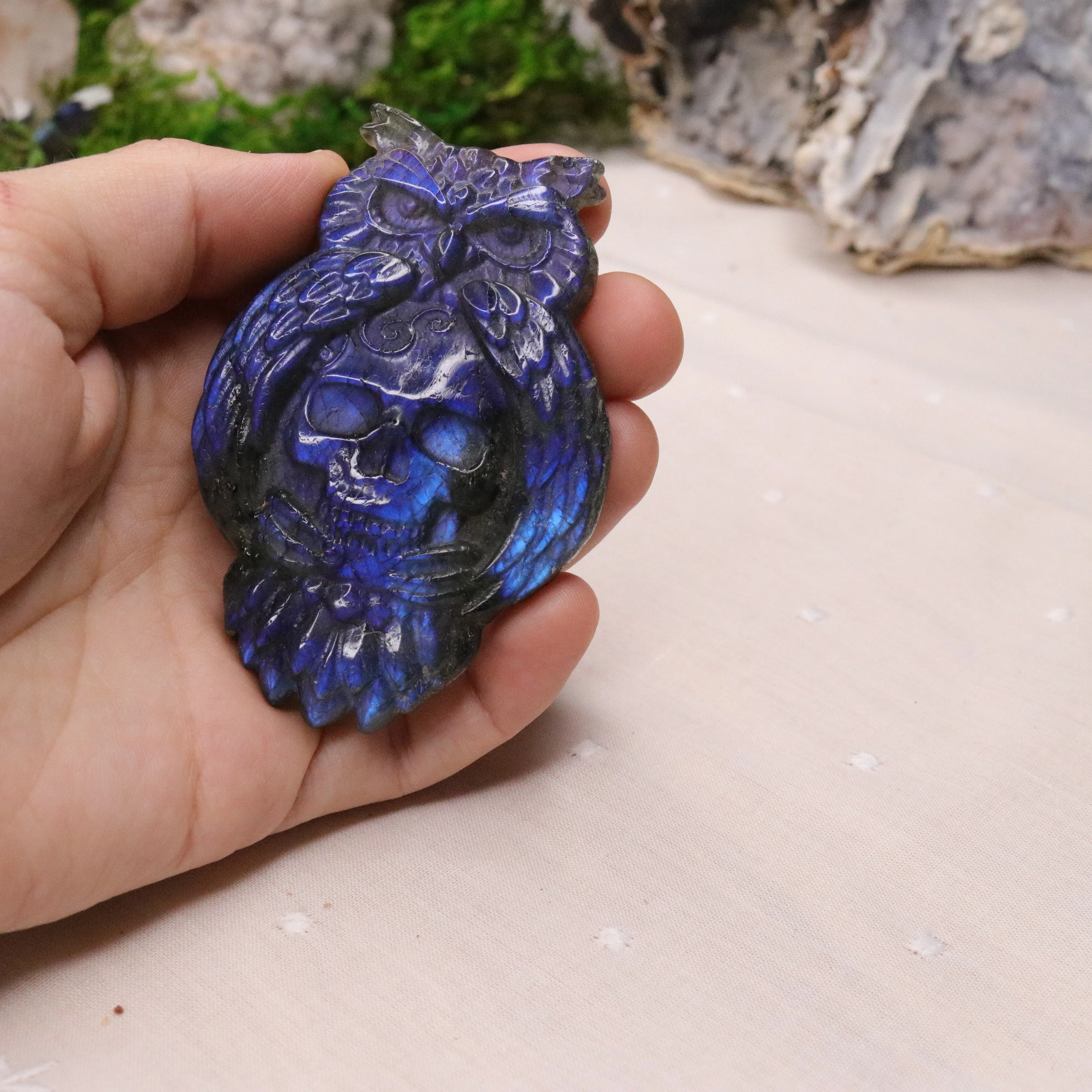 Flashy Blue Labradorite Owl and Skull Carving