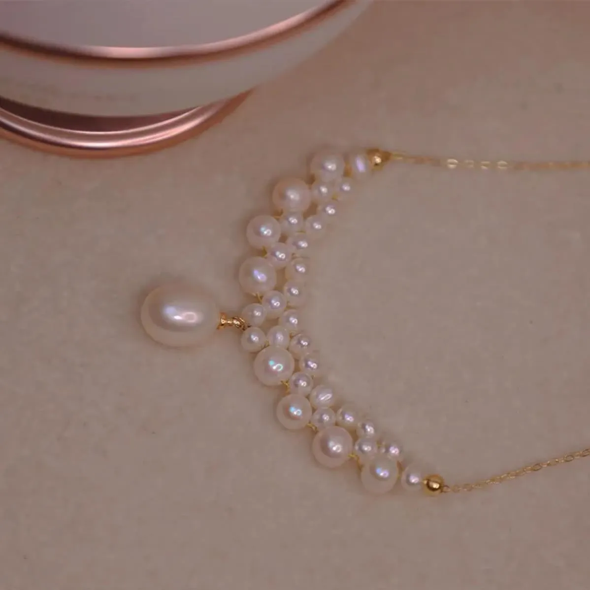 Freshwater Pearl Necklace with 18K Gold Chain for Wedding Brides LJ24