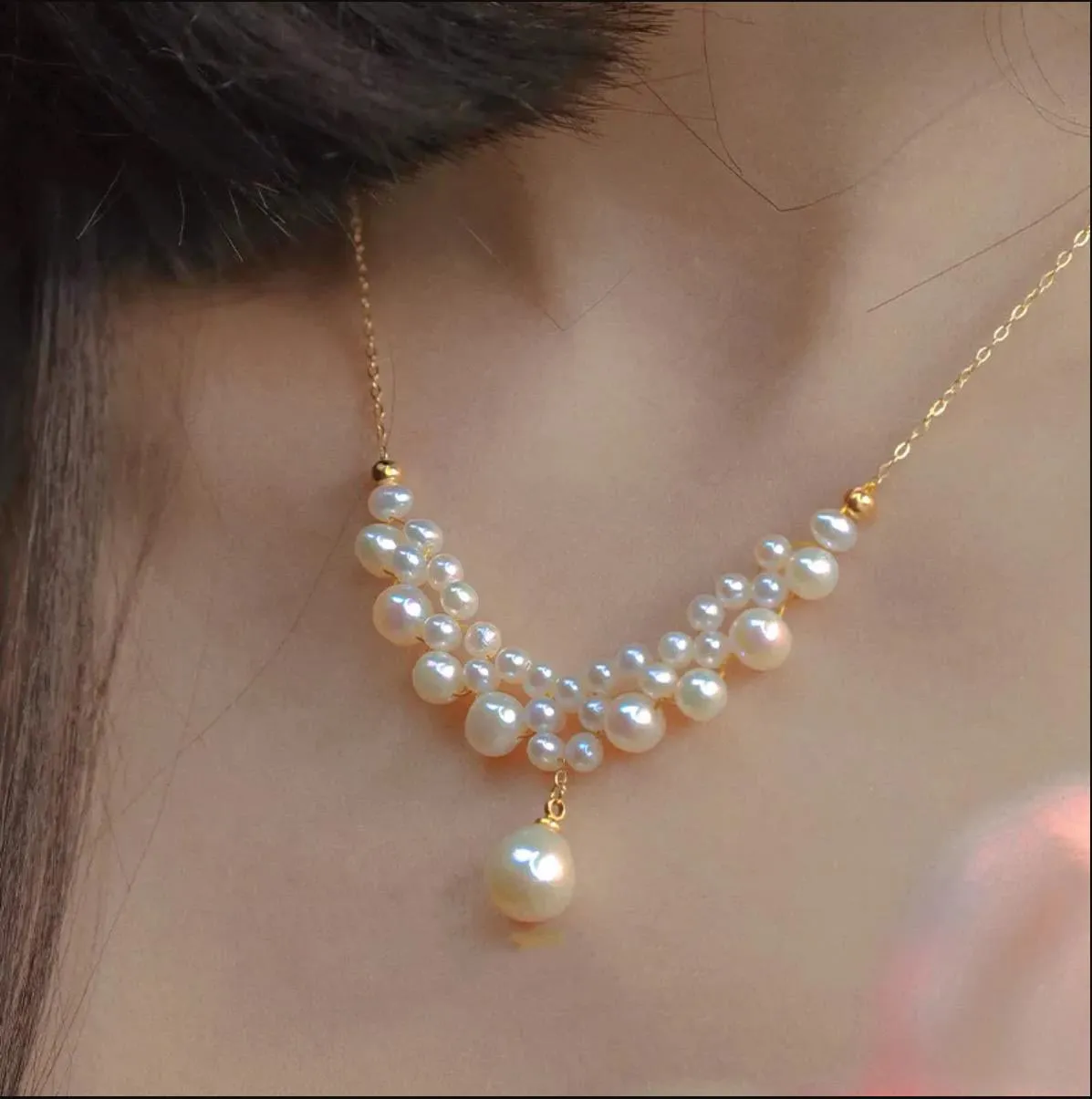 Freshwater Pearl Necklace with 18K Gold Chain for Wedding Brides LJ24