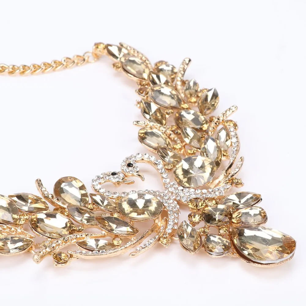 Gold-Plated Champagne Crystal Double Swan Necklace & Earrings Wedding Jewelry Set