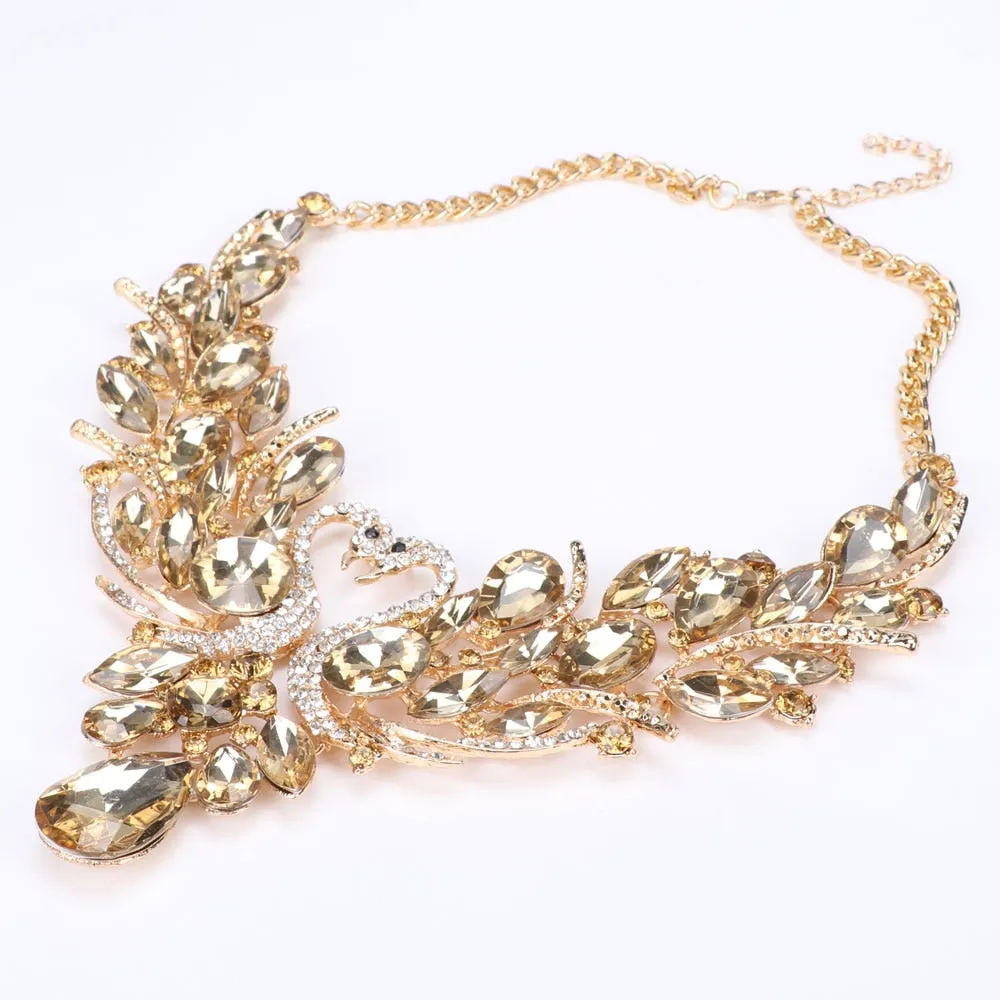 Gold-Plated Champagne Crystal Double Swan Necklace & Earrings Wedding Jewelry Set