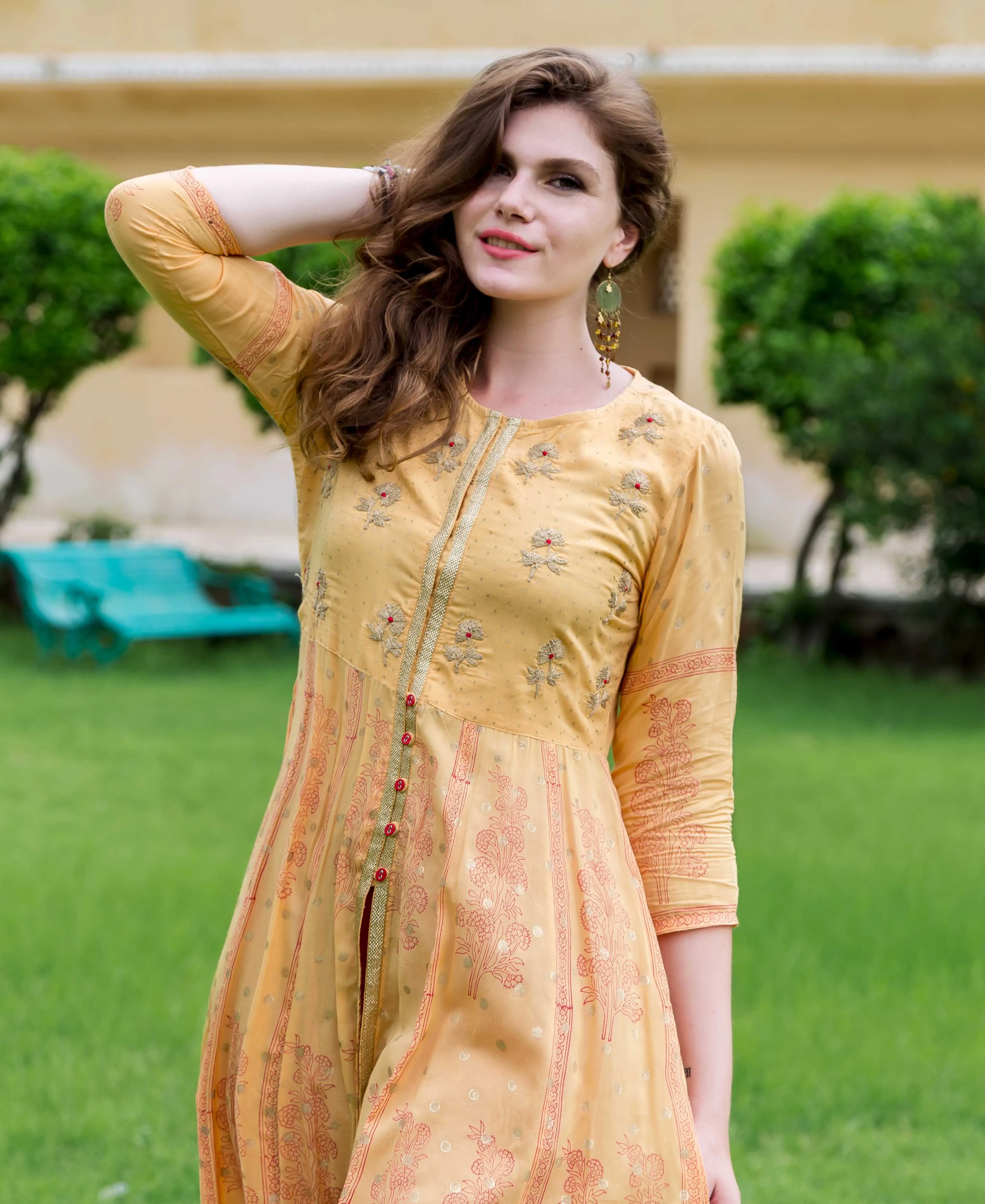 Gold Yellow Hand Block Printed and Embroidered Anarkali Dress