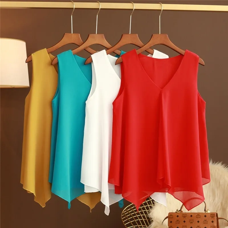 GRACE Design Women's Fashion Premium Top Quality Stylish Chiffon Yellow Blue White Red Sleeveless Blouse Top