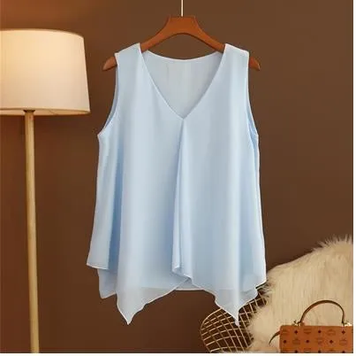 GRACE Design Women's Fashion Premium Top Quality Stylish Chiffon Yellow Blue White Red Sleeveless Blouse Top