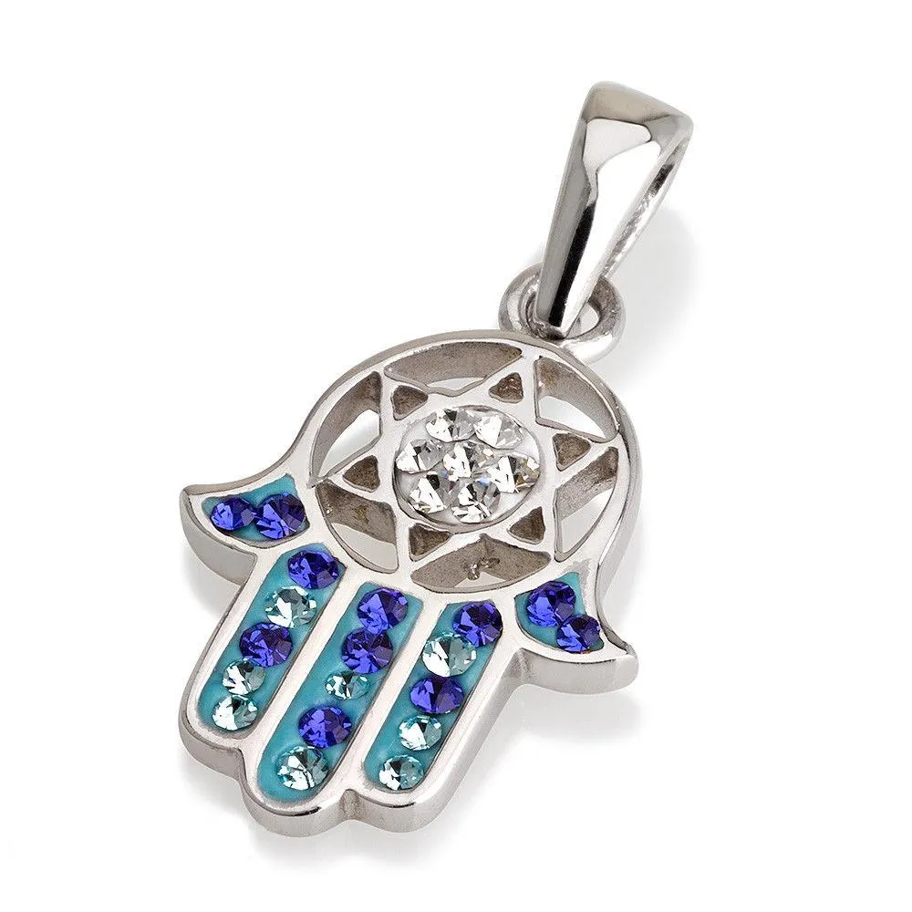 Hamsa Silver Pendant With Blue Gemstones   925 Sterling Silver Chain #20