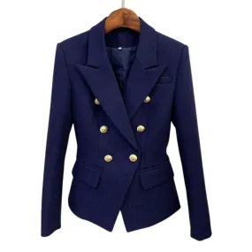 HIGHSTREET Women's Elegant Stylish Fashion Office Professional Woven Plaid Navy Blue Blazer Jacket