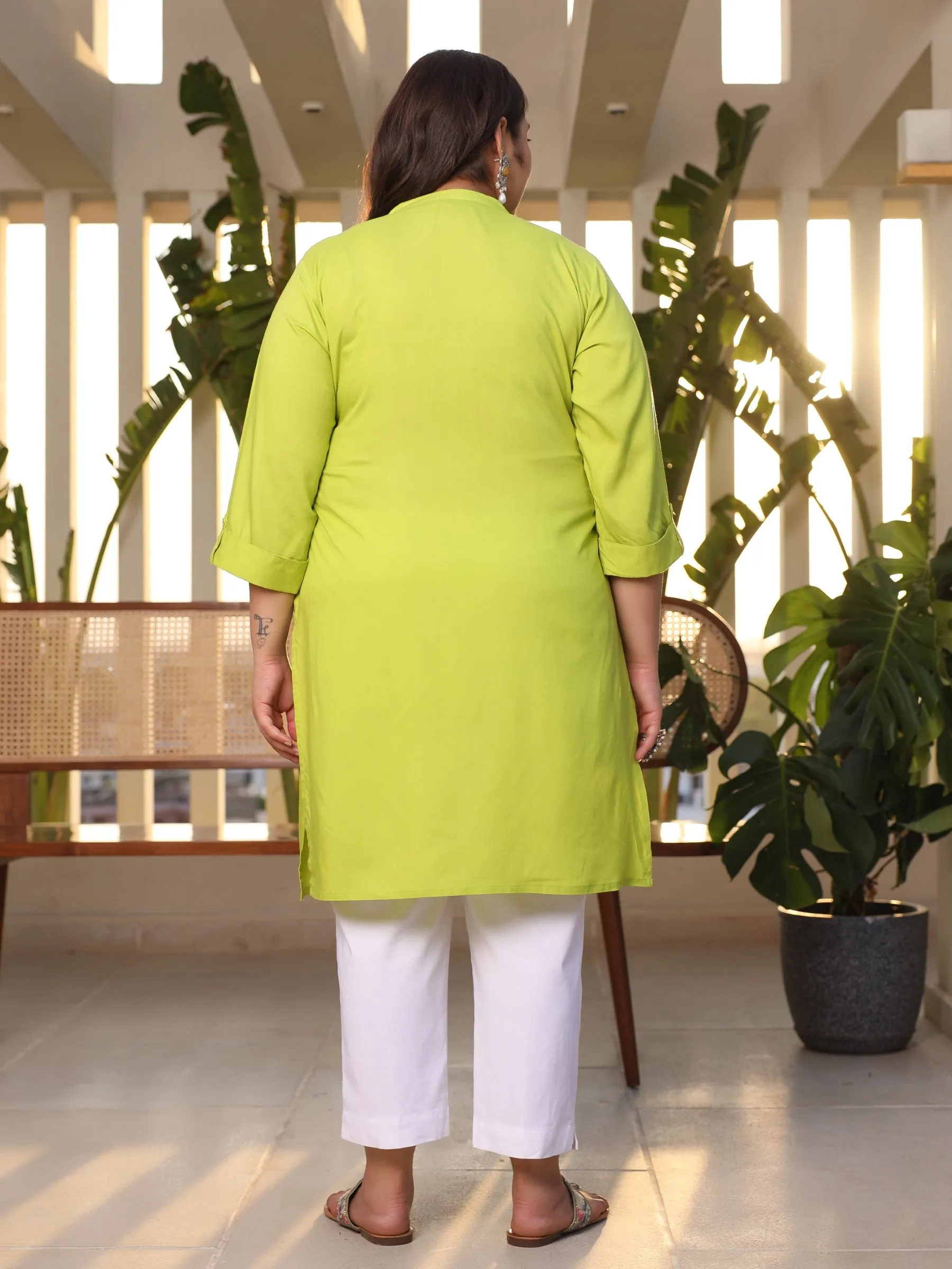 Juniper Lime Green Plus Size Straight Kurta Crafted With Rayon Fabric