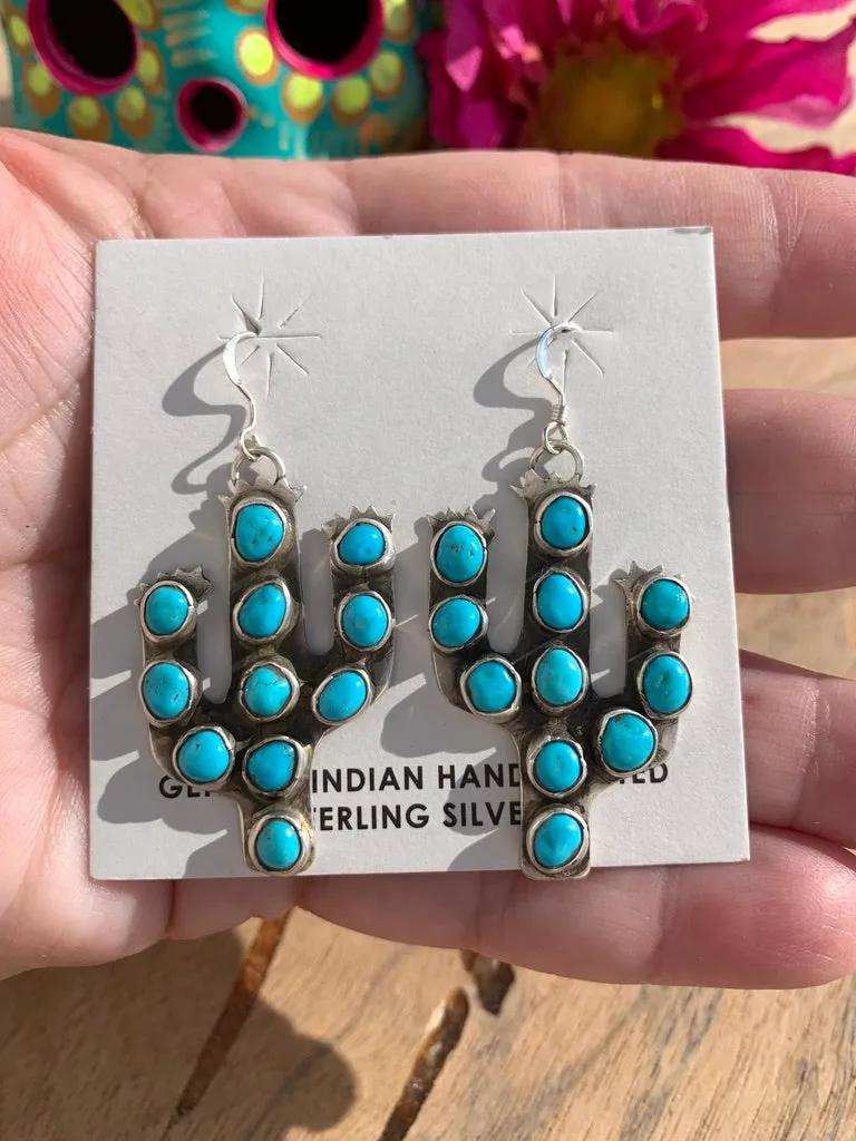 Kingman Turquoise Cactus Dangle Earrings