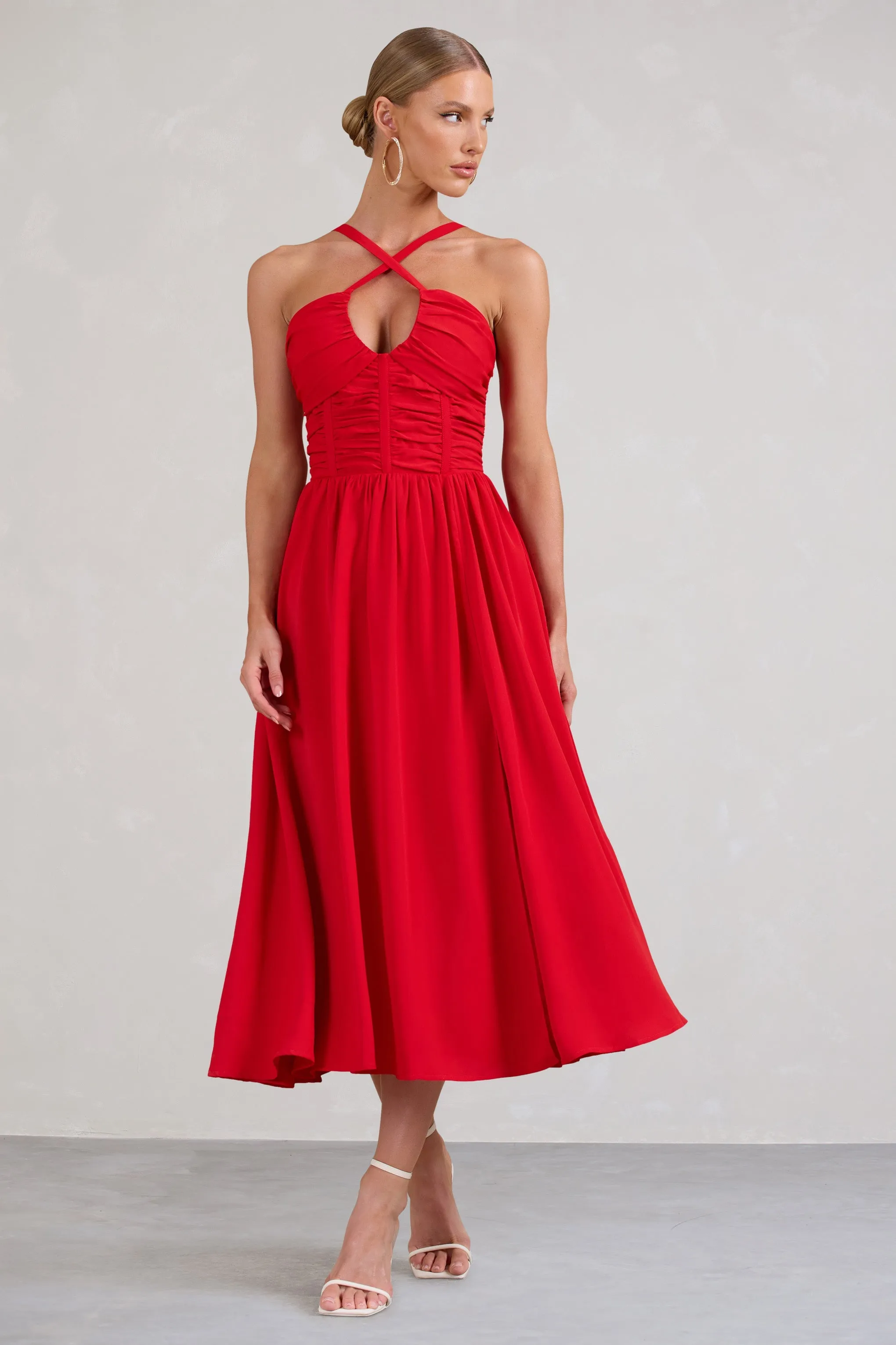 Lady Loren | Red Ruched Cross-Strap Split Midi Dress