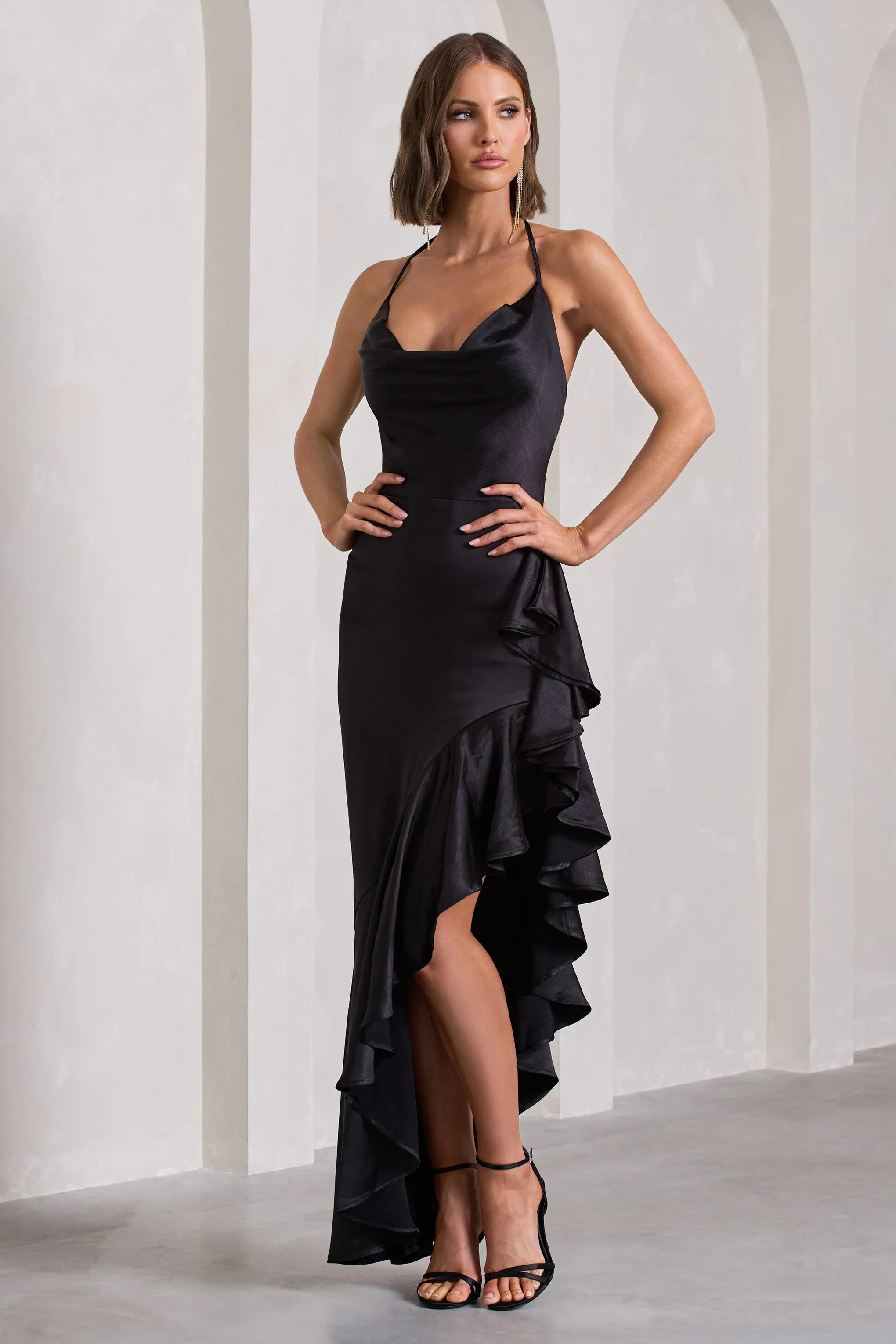 Lady Rosselini | Black Strappy Asymmetric Ruffled Maxi Dress