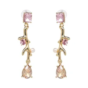 Long Pink Crystal Water Drop Statement Dangle Earrings