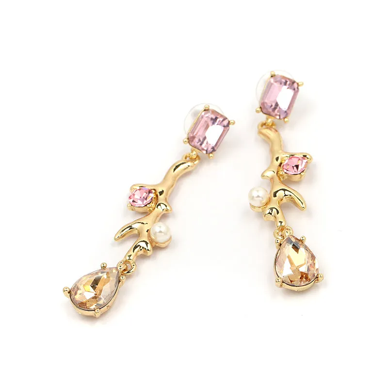 Long Pink Crystal Water Drop Statement Dangle Earrings