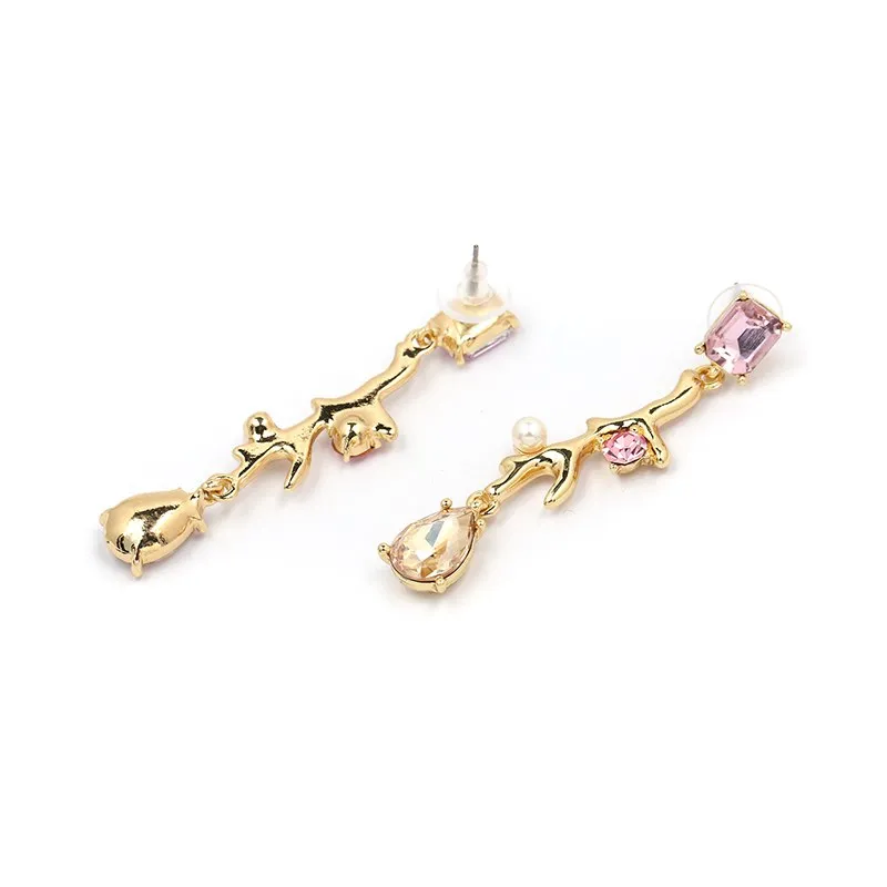 Long Pink Crystal Water Drop Statement Dangle Earrings