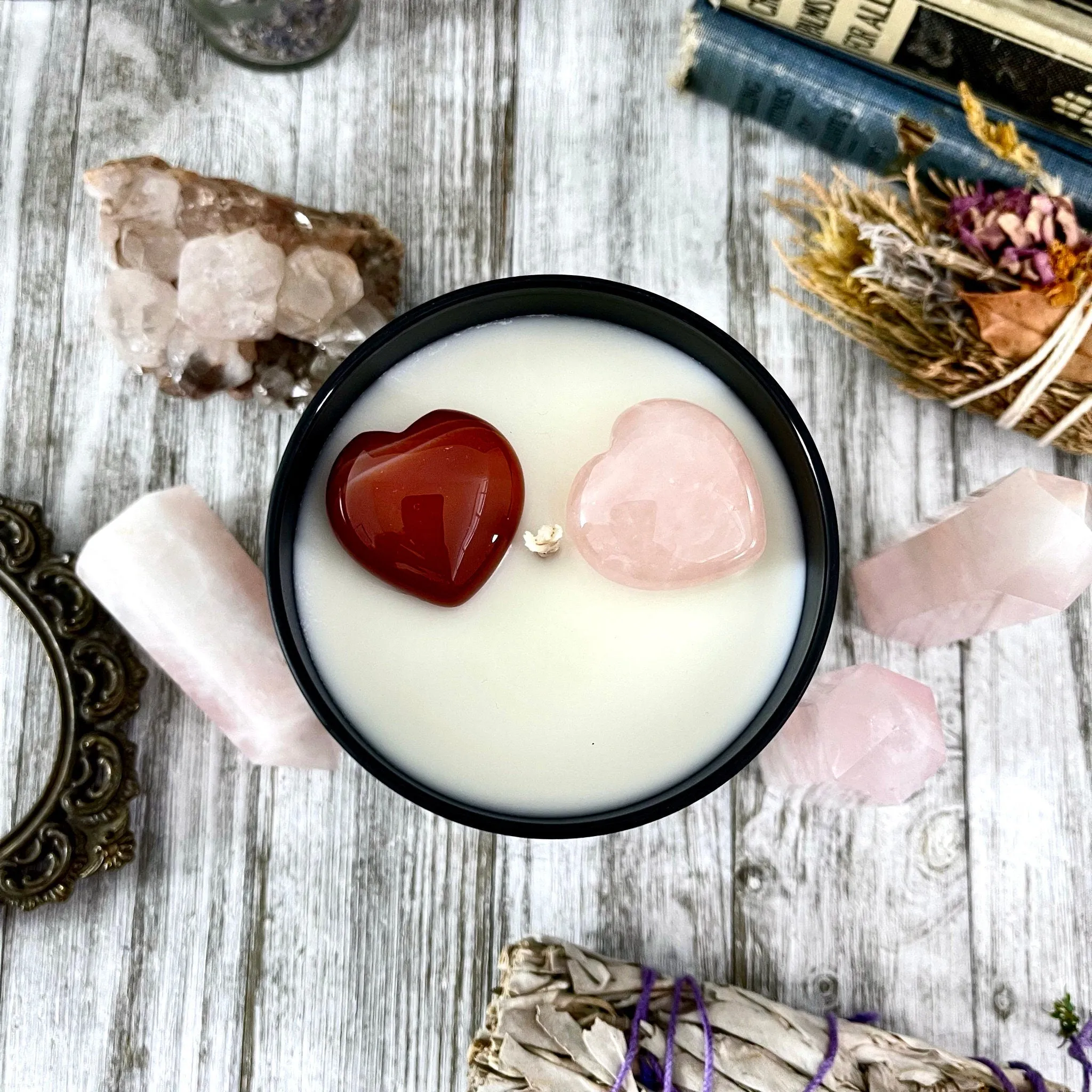 Love Spell Candle with Rose Quartz and Carnelian - Moss & Moon Apothecary Crystal Infused Luxury Soy Candle