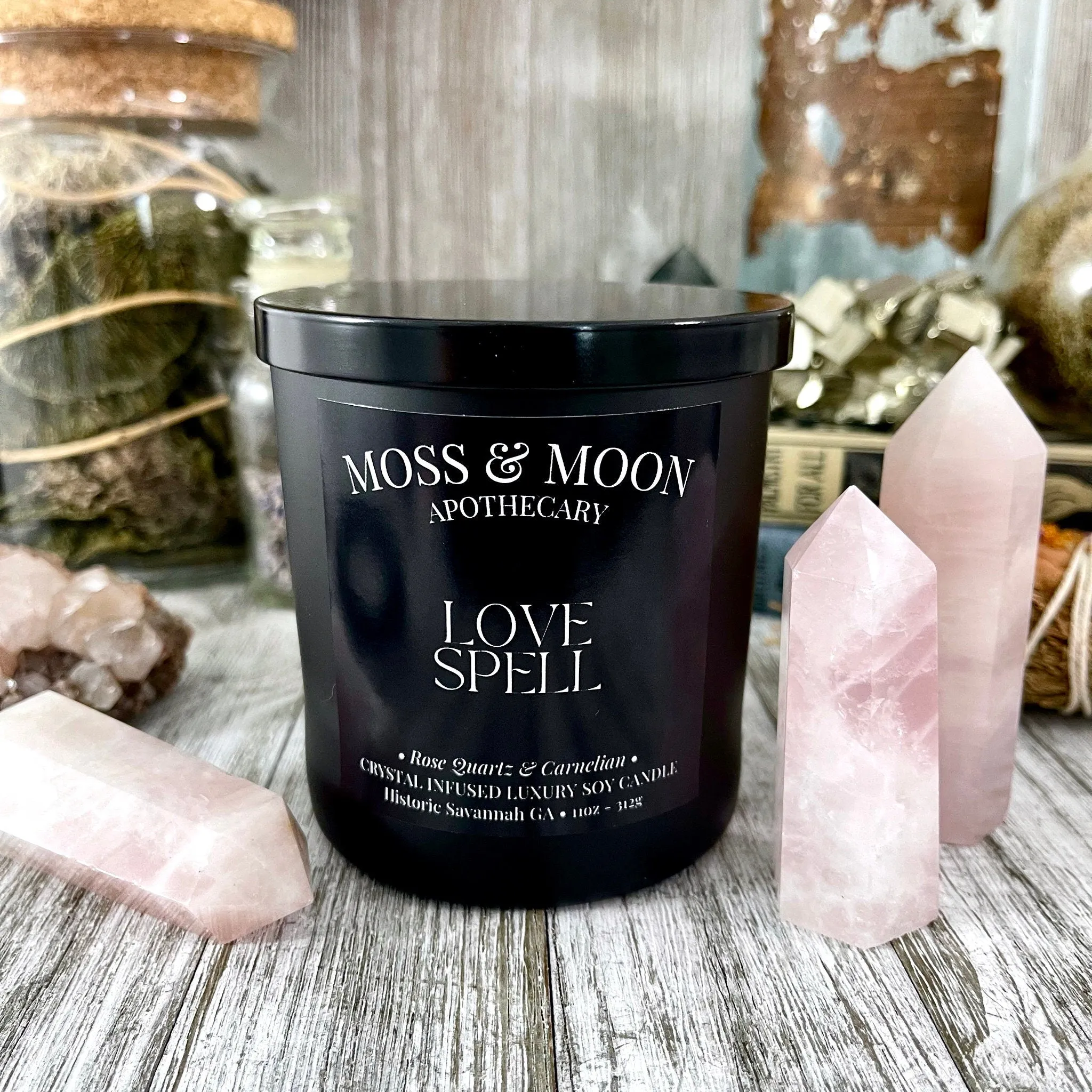 Love Spell Candle with Rose Quartz and Carnelian - Moss & Moon Apothecary Crystal Infused Luxury Soy Candle