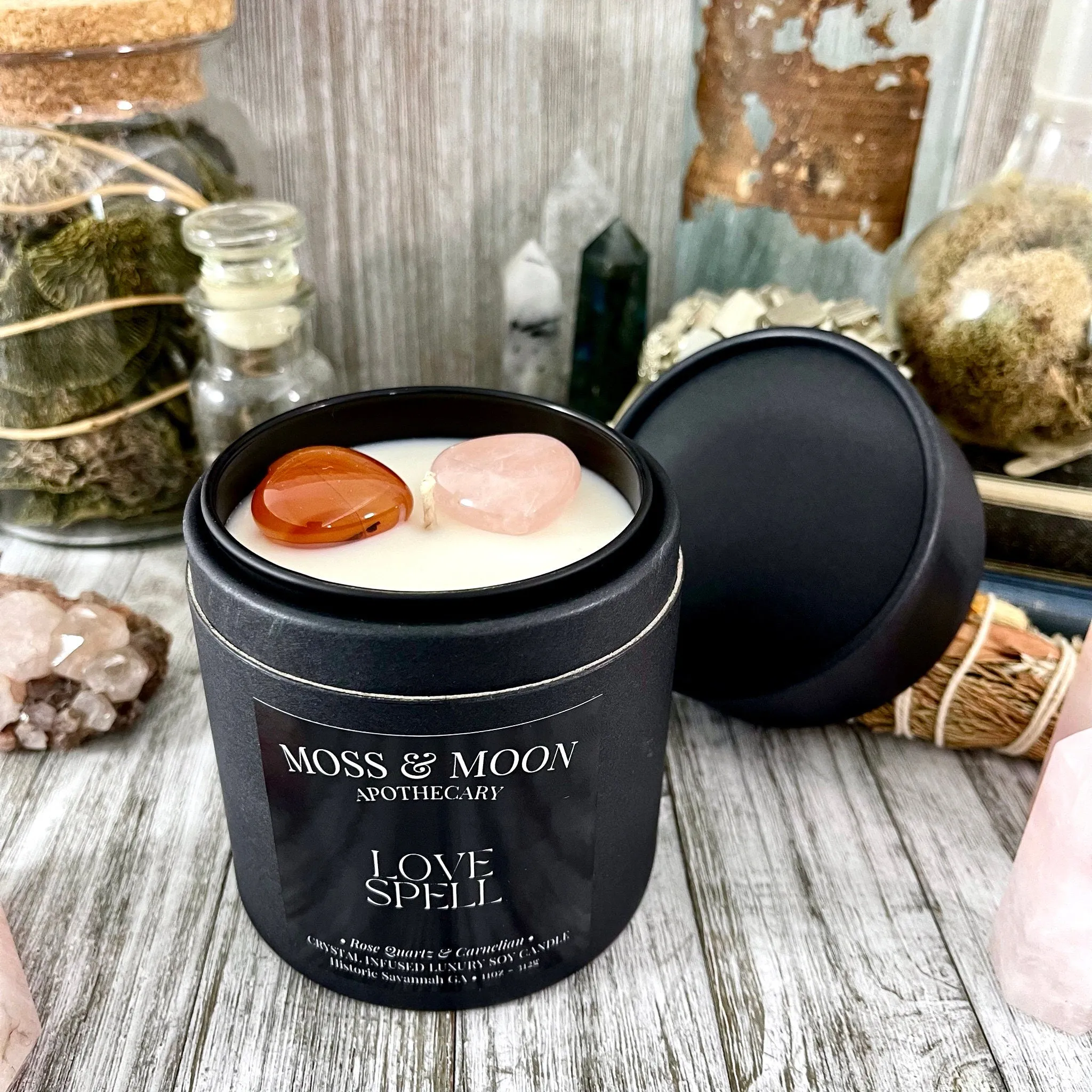 Love Spell Candle with Rose Quartz and Carnelian - Moss & Moon Apothecary Crystal Infused Luxury Soy Candle