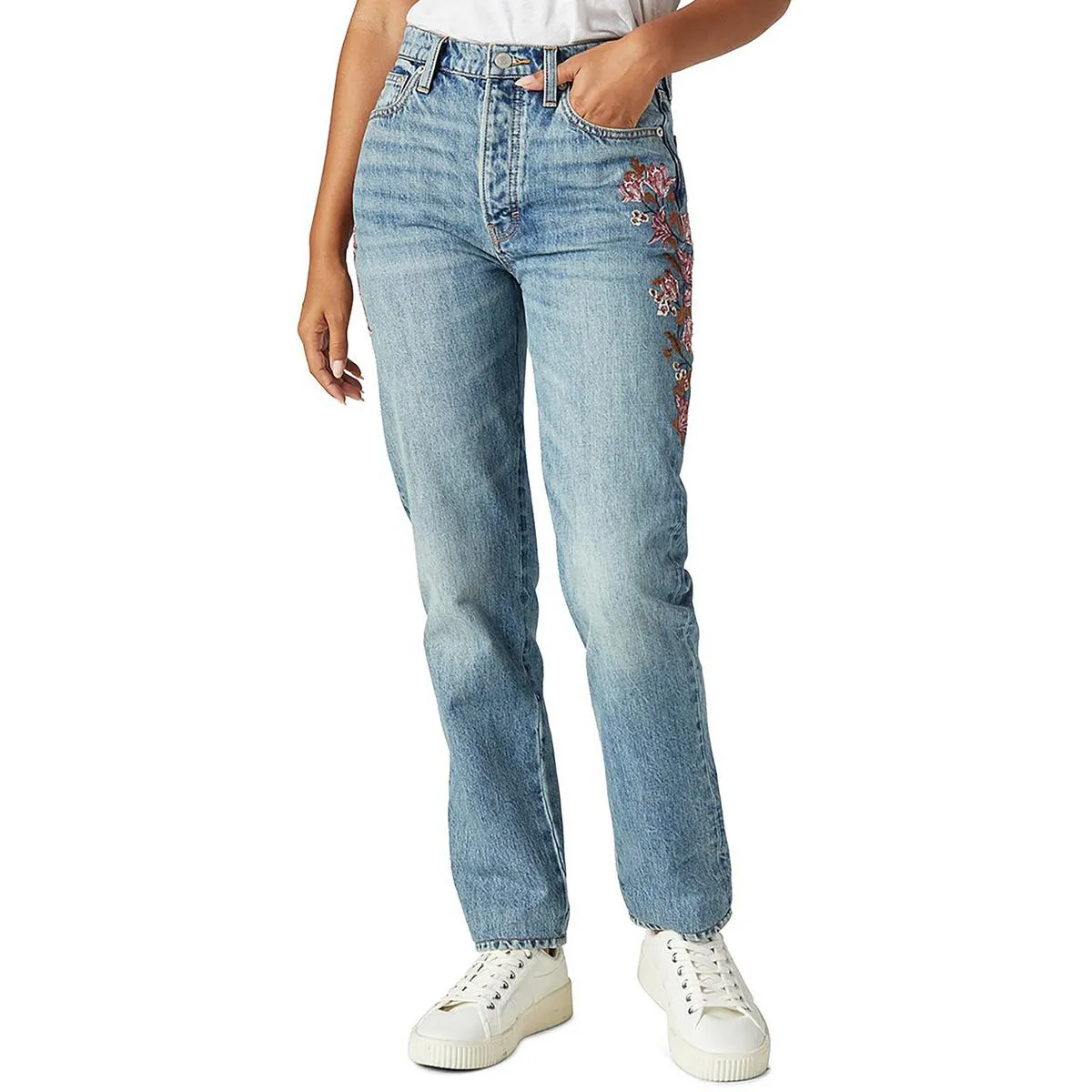 Lucky Brand Womens High-Rise Embroidered Mom Jeans