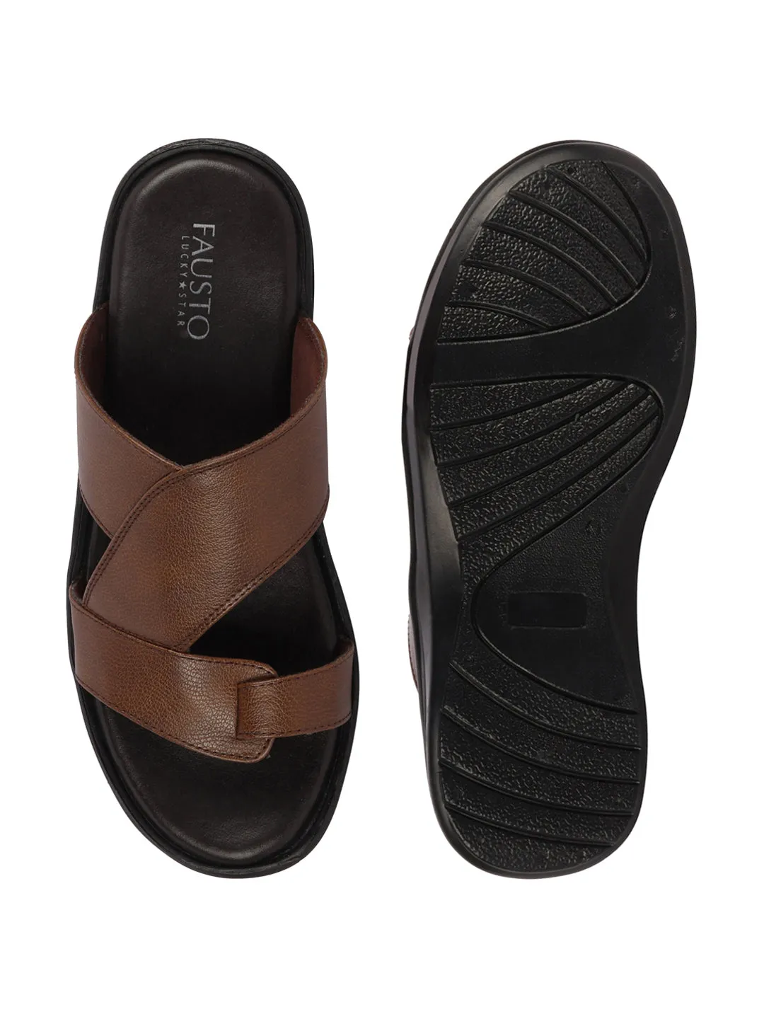 Men Tan Daily Indoor Outdoor Multi Strap Toe Ring Slip On Slipper