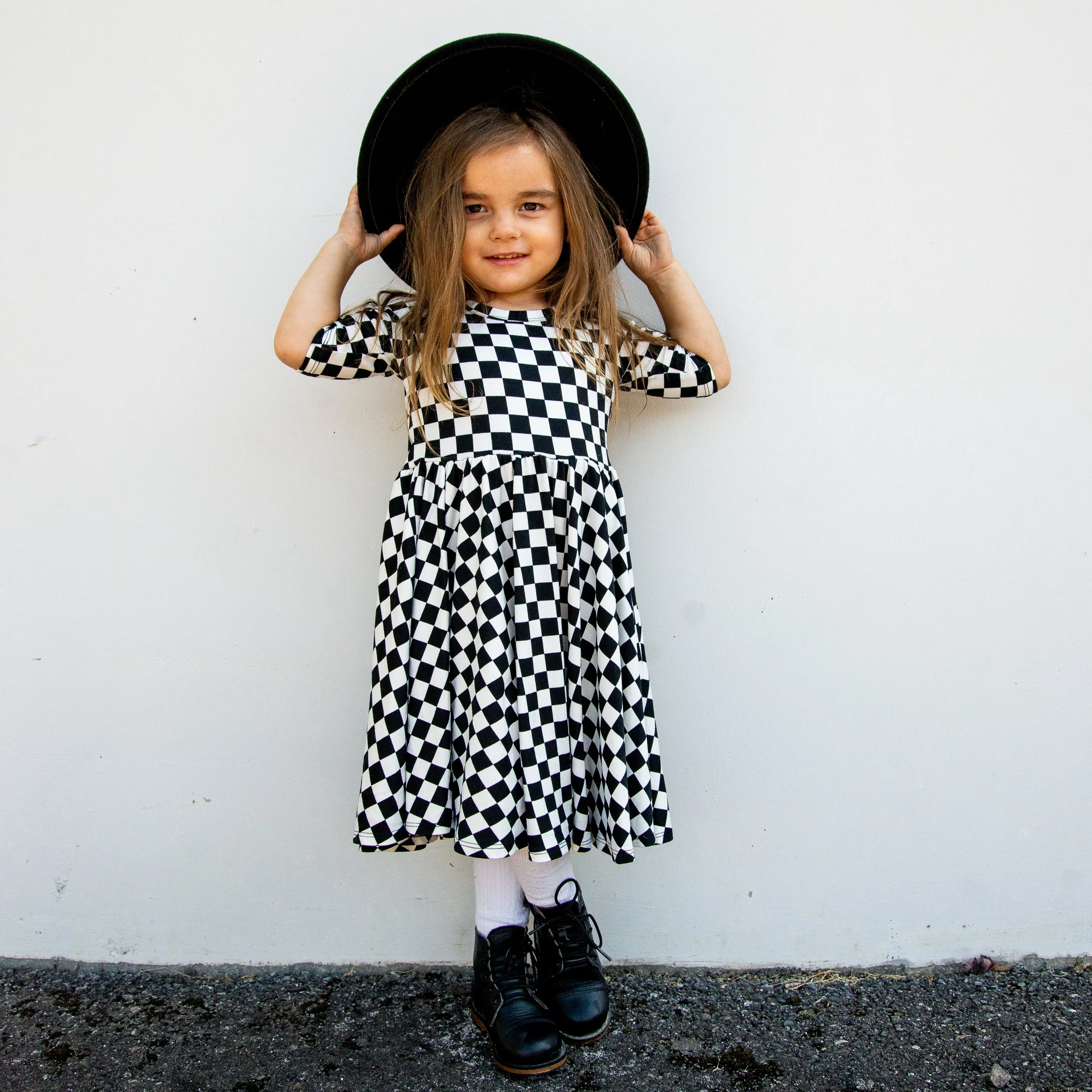 MID SLEEVE TWIRL DRESS- B W Check