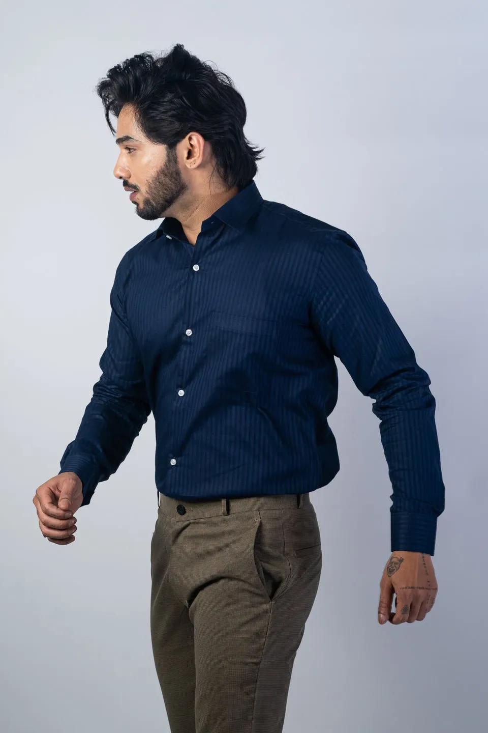 Navy Blue Color vertical Cotton stripe Shirt For Men