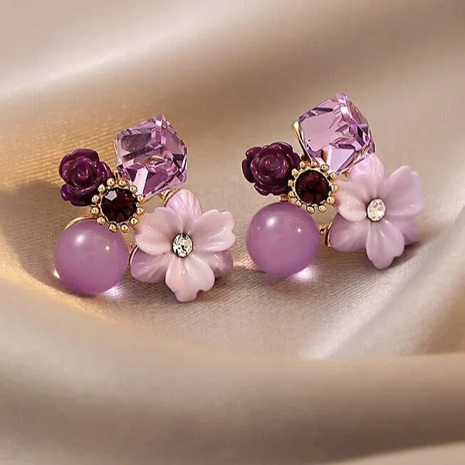 Noble Purple Crystal Flower Stud Earrings