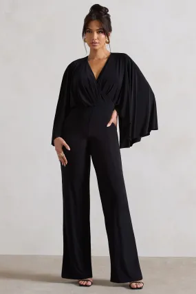 Nori | Black Plunge-Neck Straight-Leg Cape Jumpsuit