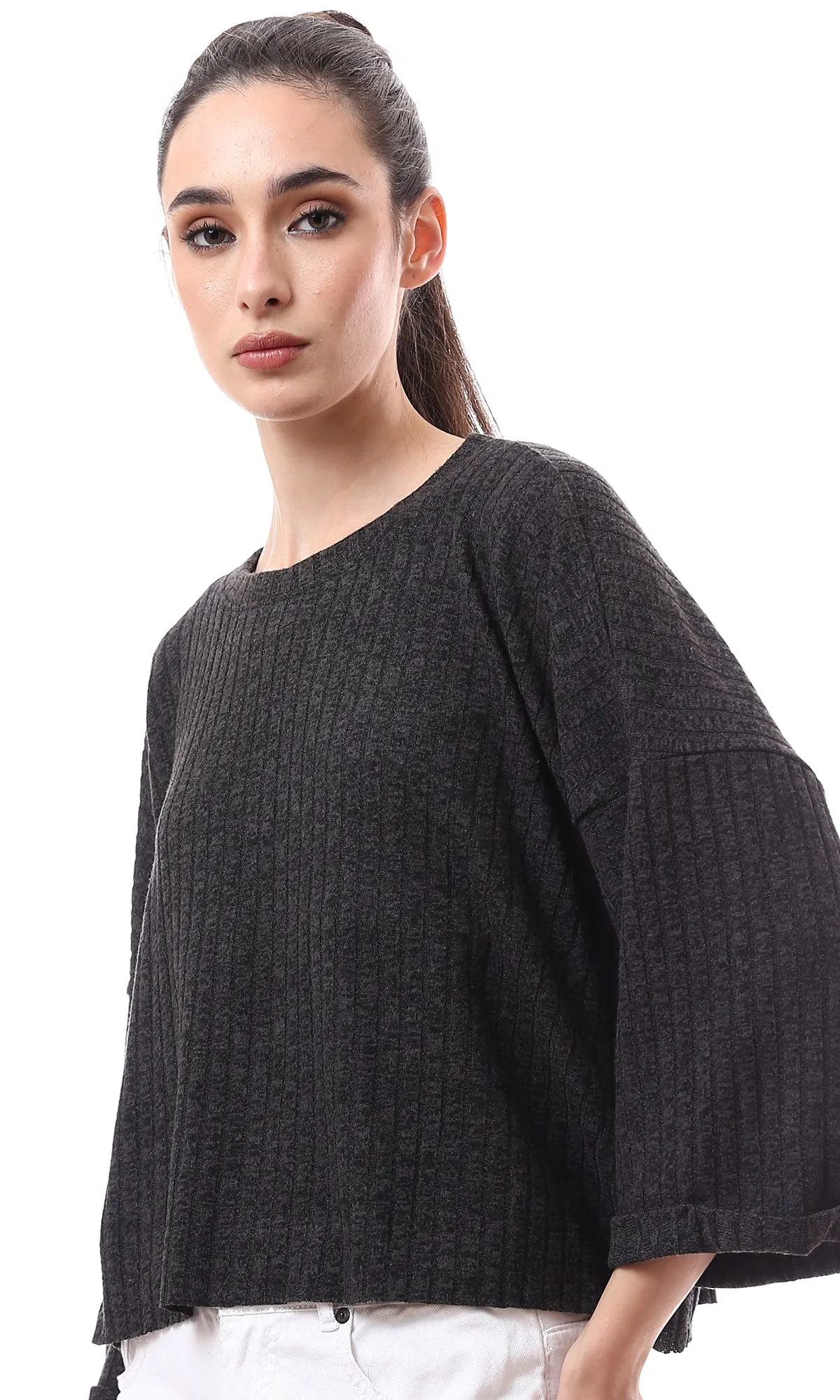 O176266 Lightweight Heather Dark Grey Ribbed Sweater