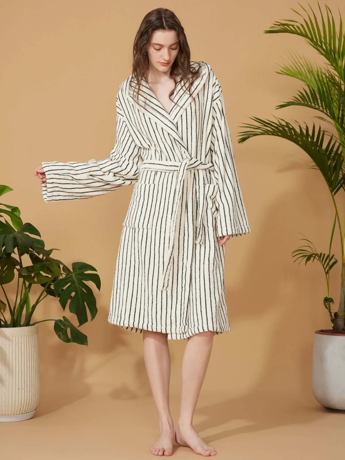 Organic Cotton Striped Bathrobe White