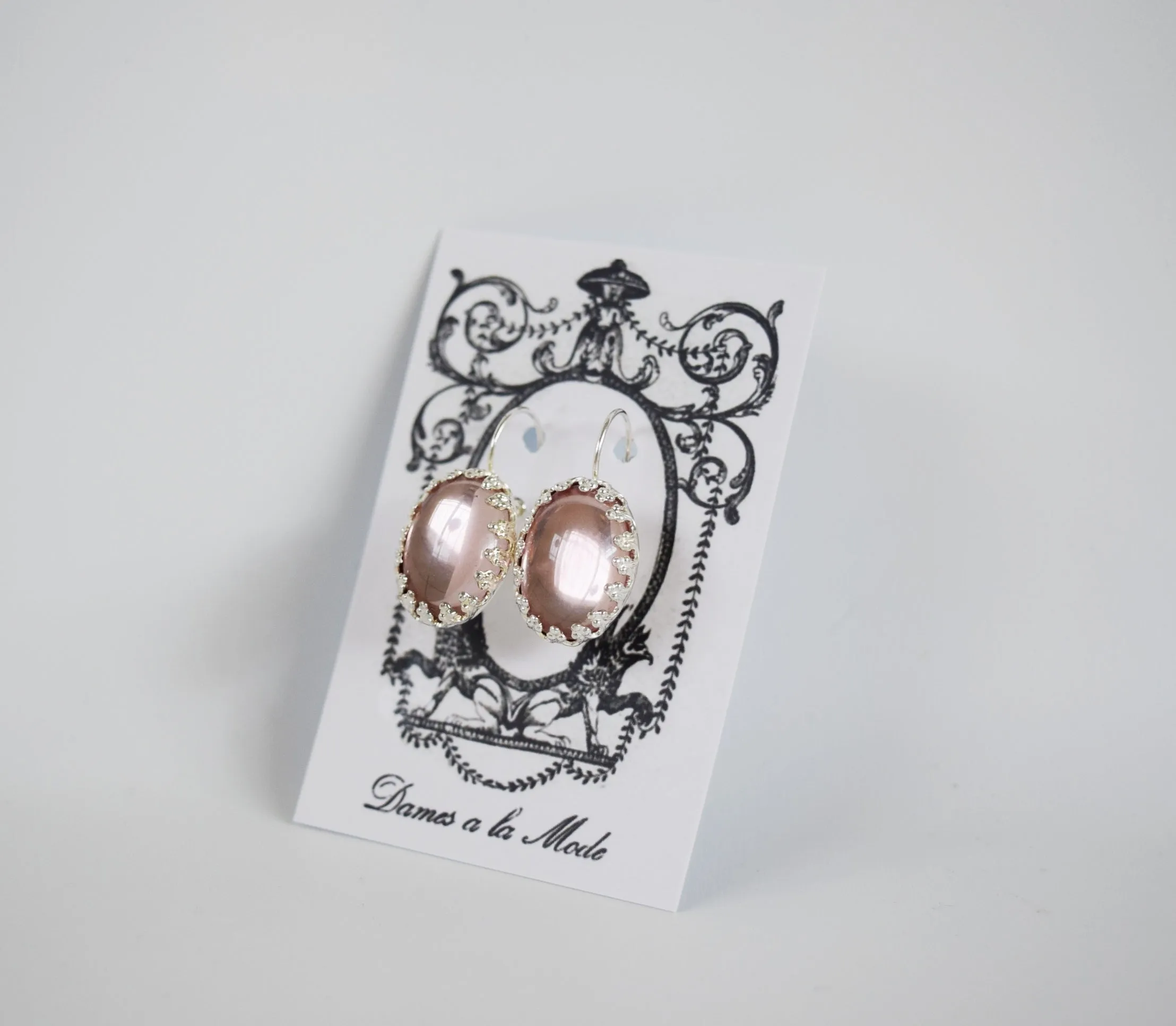 Pale Pink Crown Crystal Mirror Earrings - Large Oval