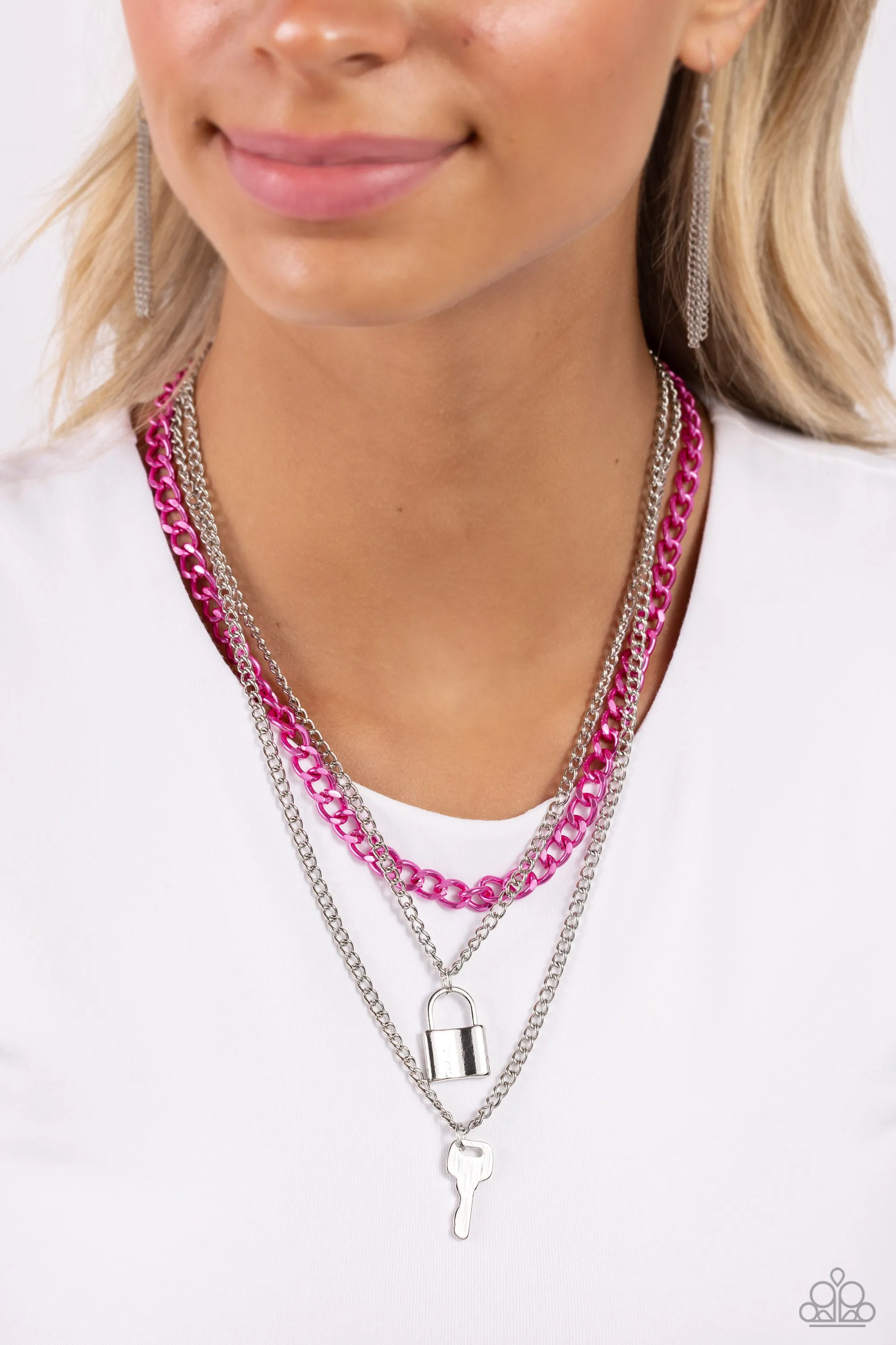 Paparazzi Locked Labor Pink Necklace & Earring Set