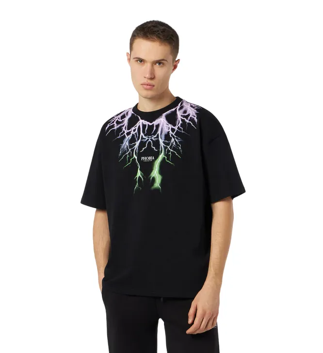 Phobia men's black short sleeve t-shirt PH00539 two-tone purple-green lightning print